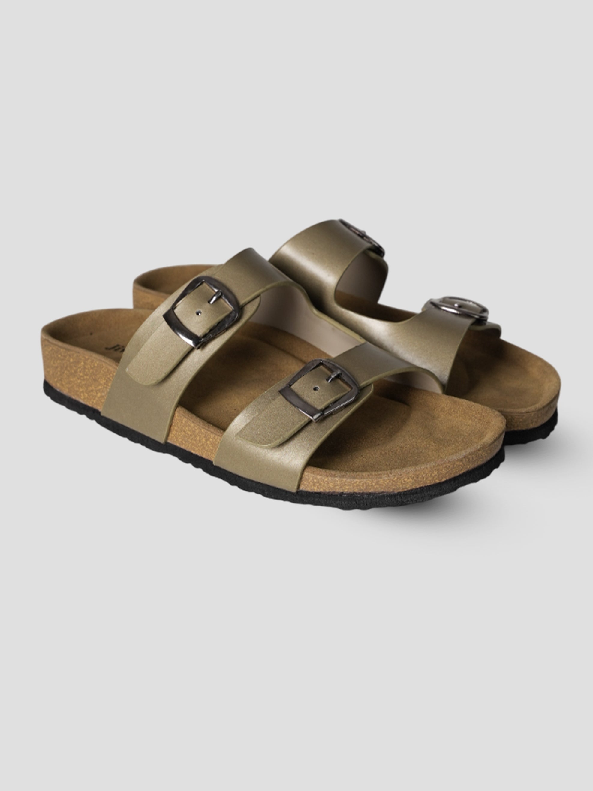 Jive Vibe By Ezok Gold Synthetic Slip On With Buckle Sandals