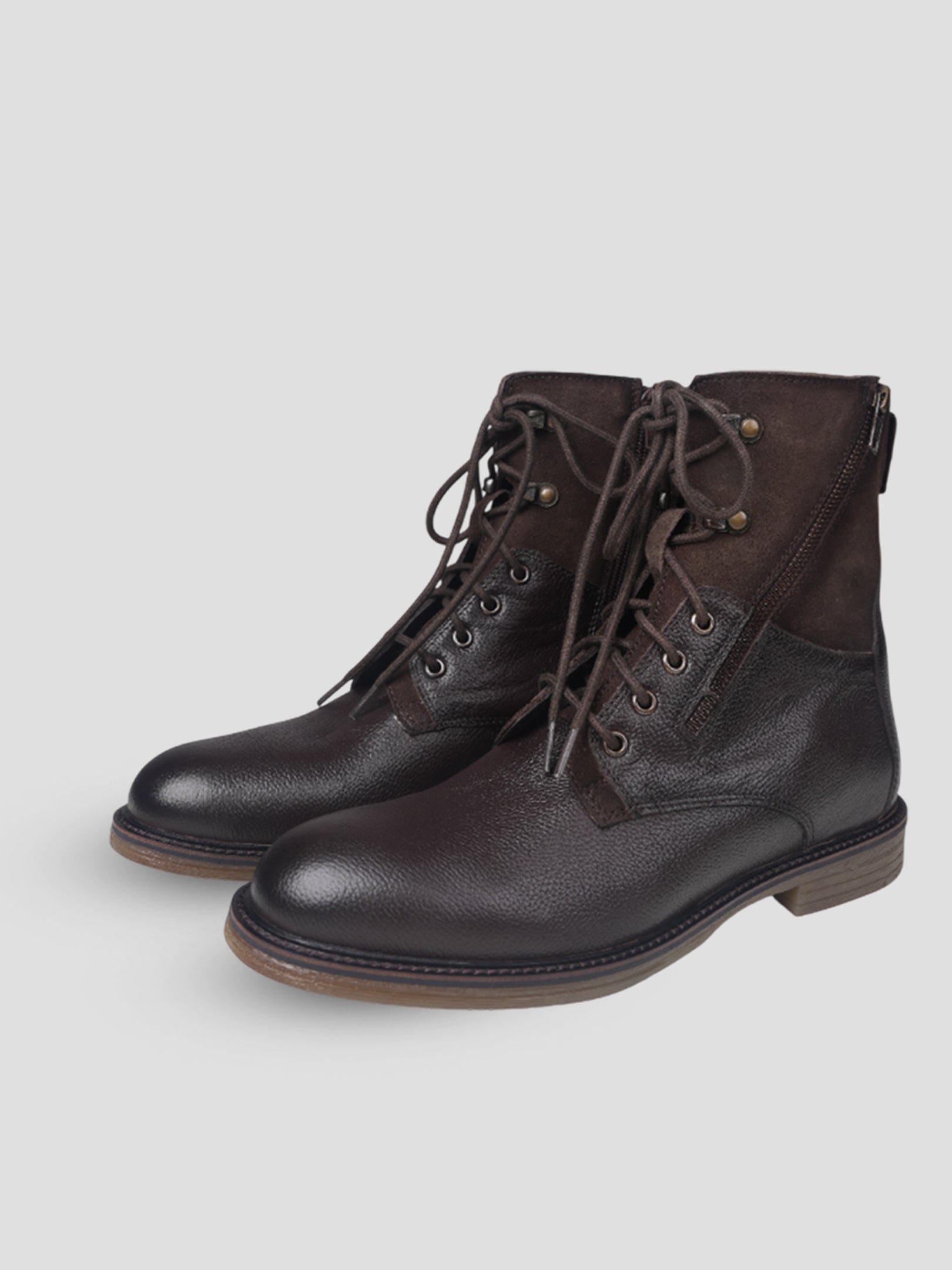 Ezok Men Leather Lace-Up With Zipper Boots
