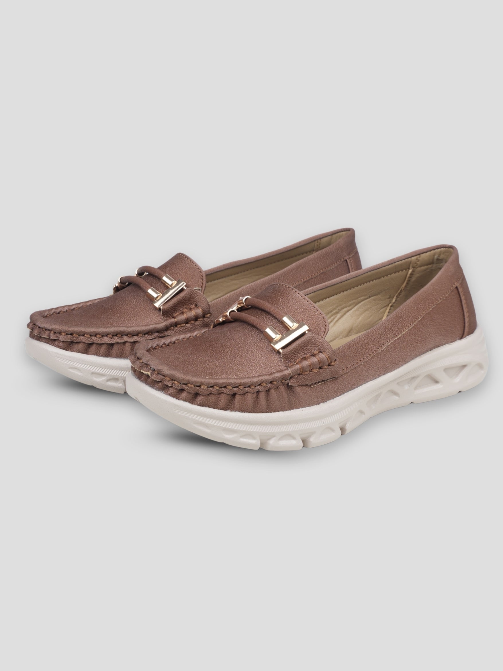 JiveVibe by Ezok Women Brown Textured Synthetic Loafers with Metallic Detail