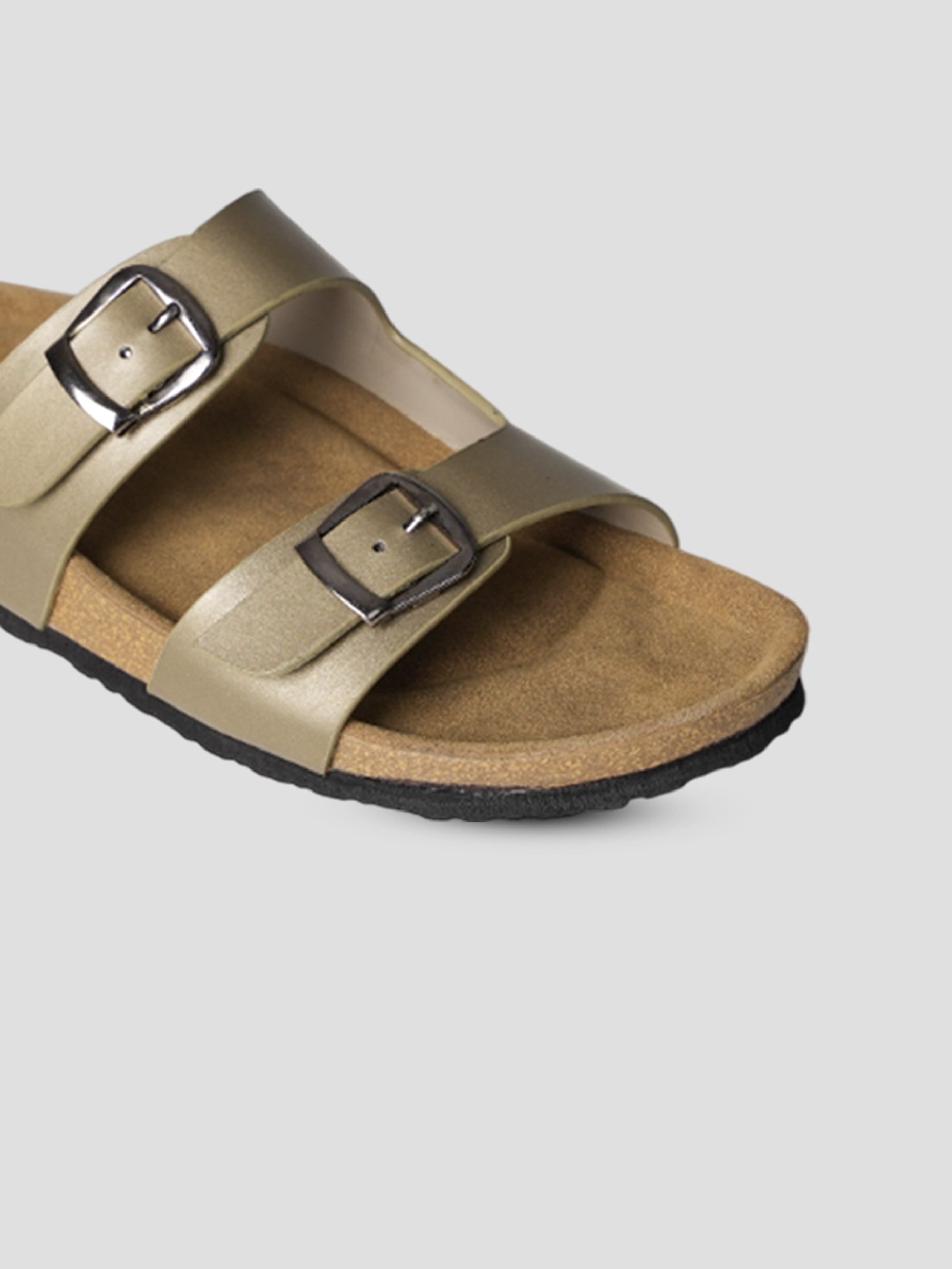 Jive Vibe By Ezok Gold Synthetic Slip On With Buckle Sandals