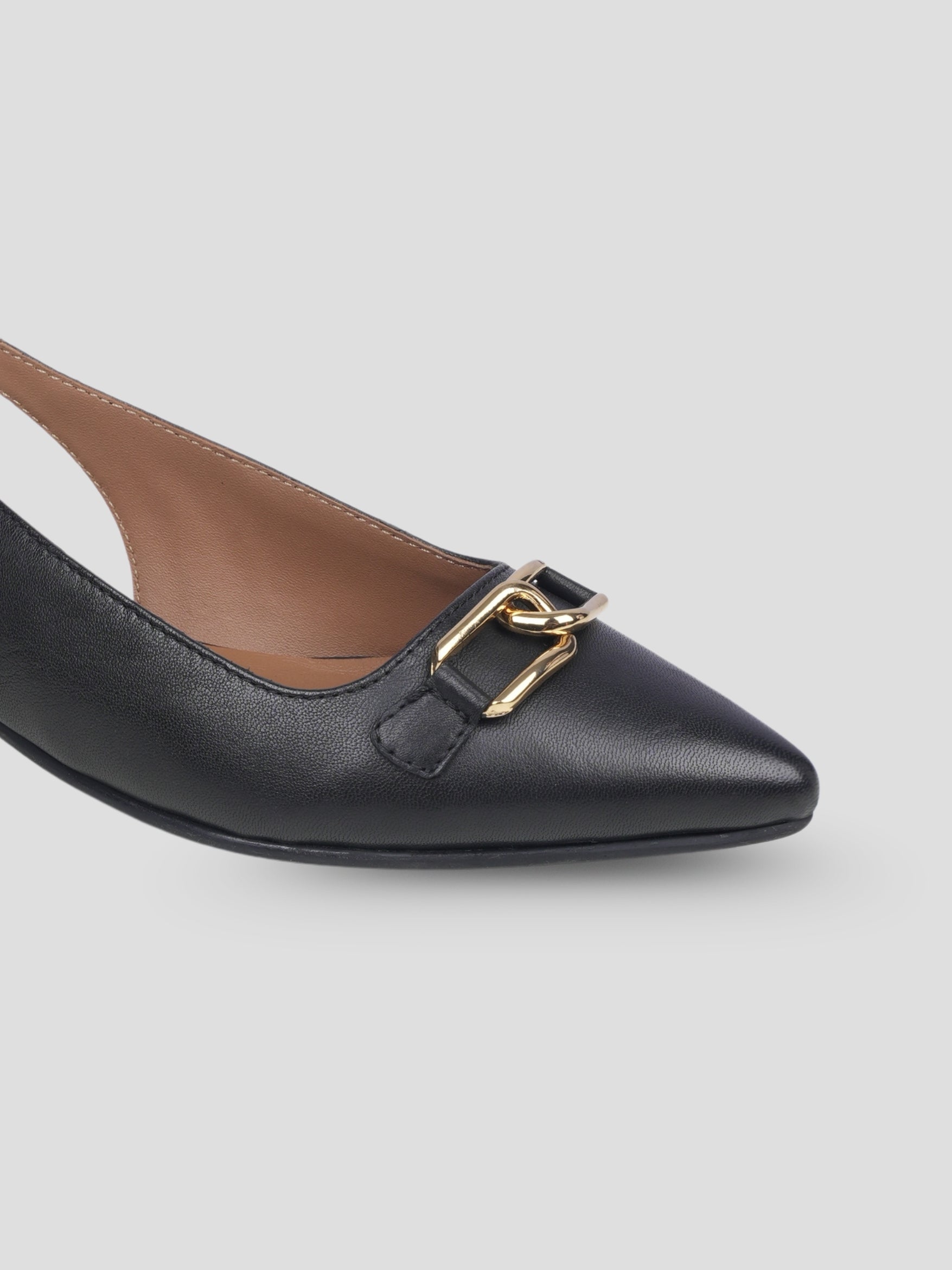 Ezok Women Black Leather Slingback Flats with Metal Embellishment