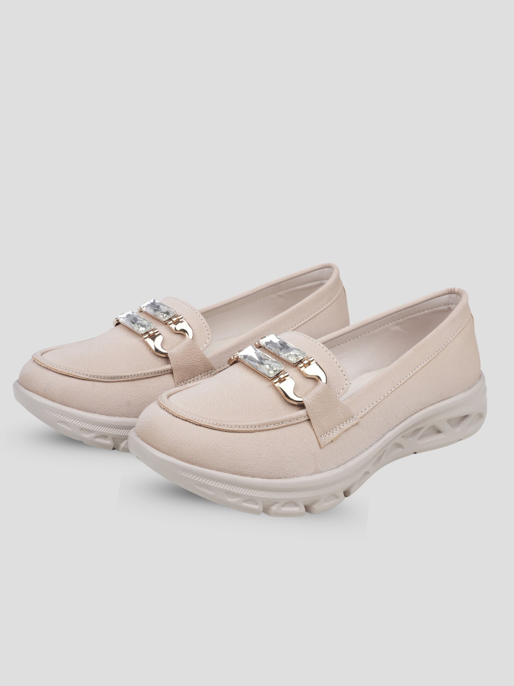 JiveVibe by Ezok Women Beige Synthetic Slip-On Casual Shoes with Metal Detail