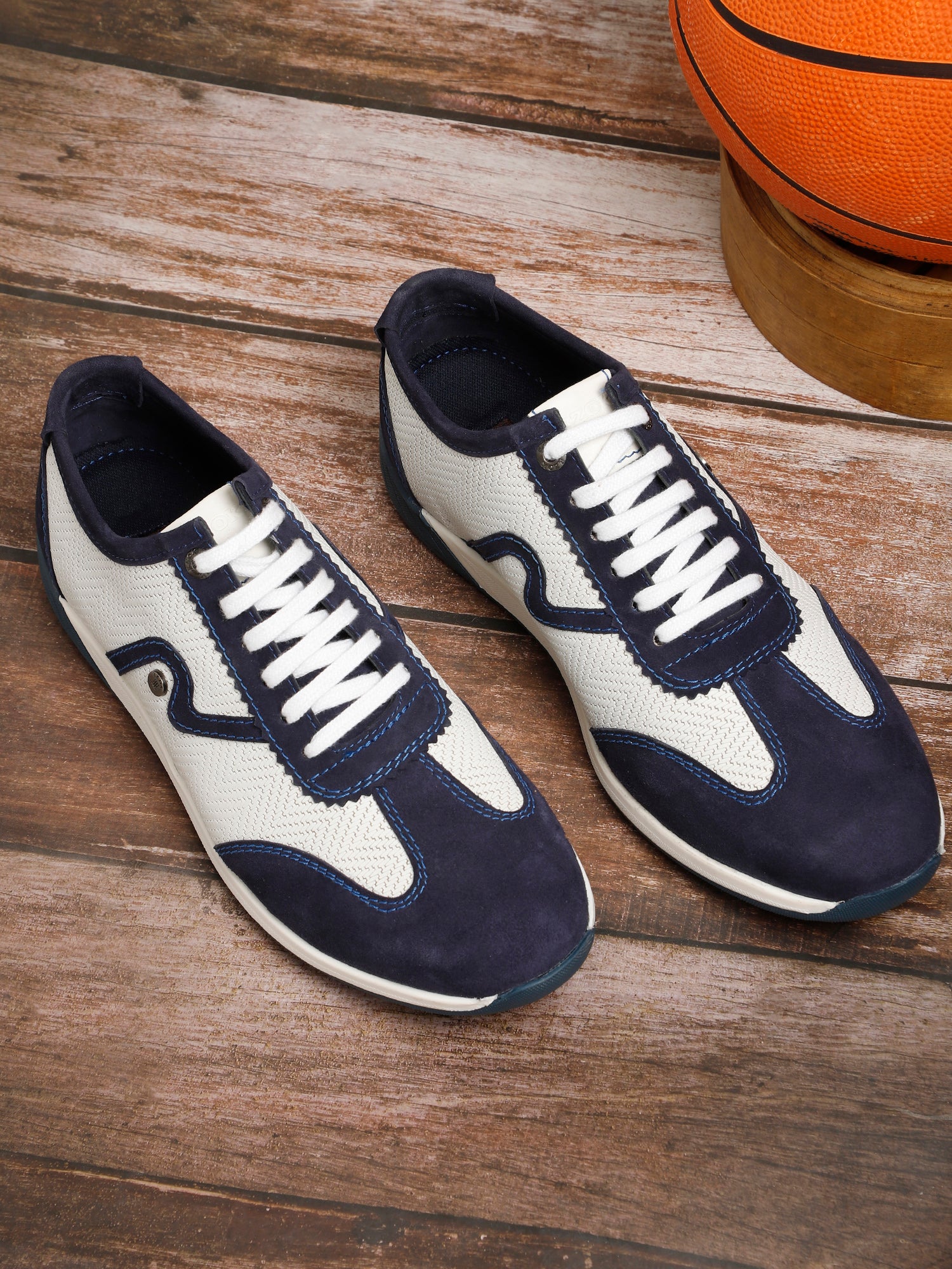 EZOK Men’s Casual Lace-Up Shoes | Premium Leather Upper | White & Navy Colour | Comfortable TPR Sole | Everyday & Office Wear