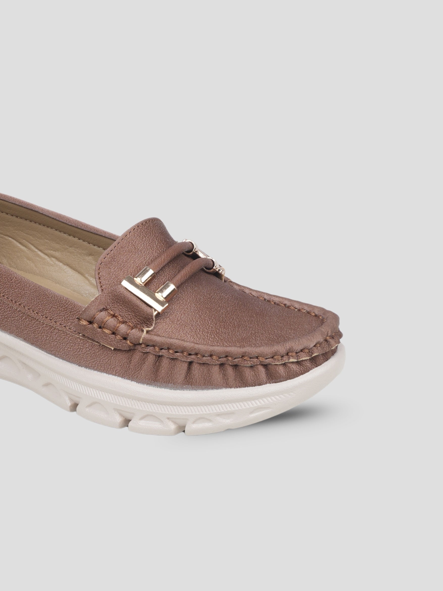JiveVibe by Ezok Women Brown Textured Synthetic Loafers with Metallic Detail