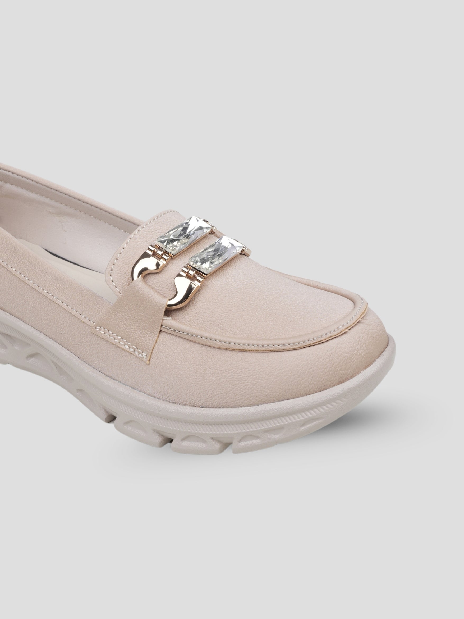 JiveVibe by Ezok Women Beige Synthetic Slip-On Casual Shoes with Metal Detail