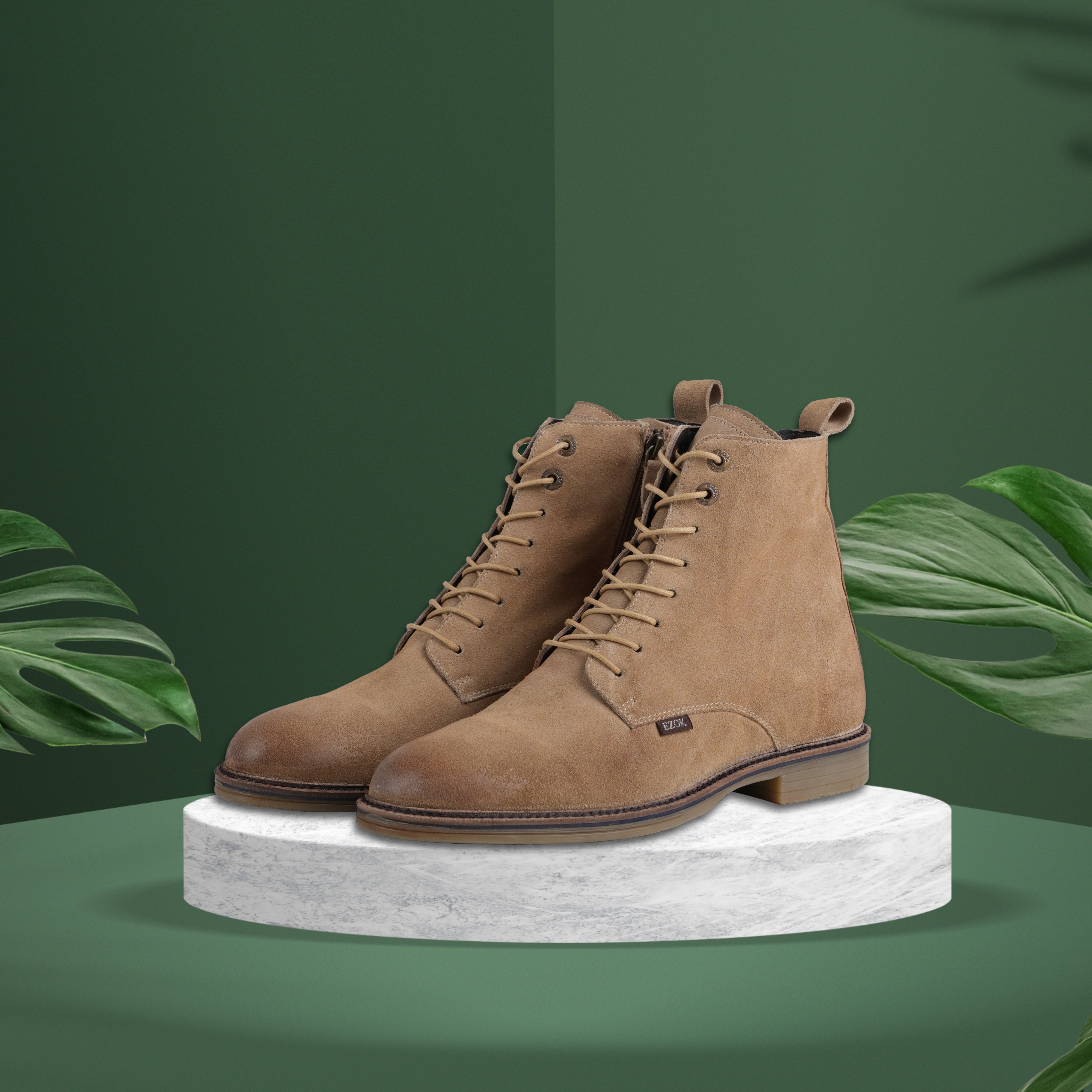 Ezok Leather Ankle Lace Up and Side Zipper Boots For Men