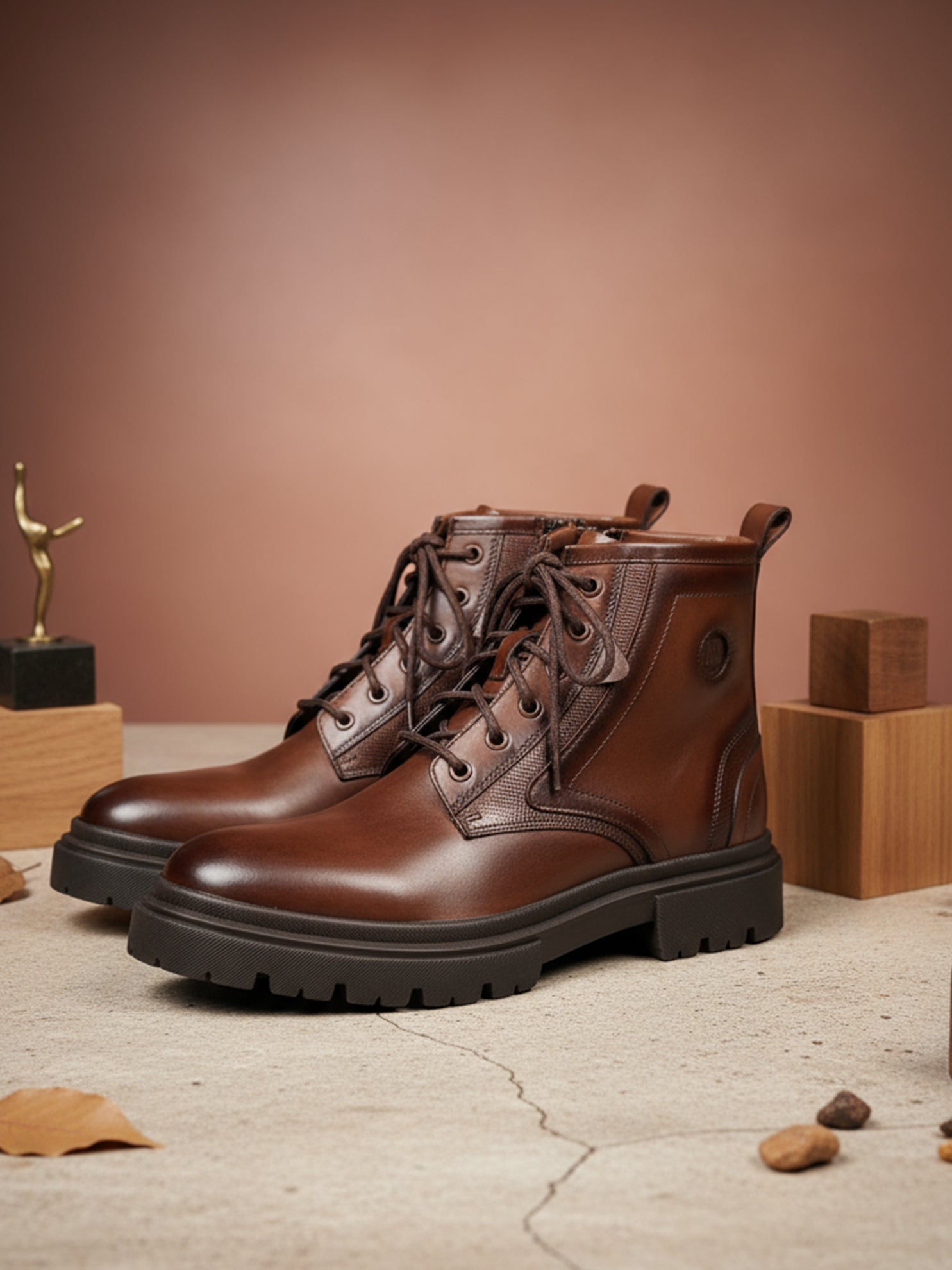 EZOK Men’s Brown Leather Lace-Up Boots | Premium Leather | Durable TPR Sole | Casual & Semi-Casual Wear