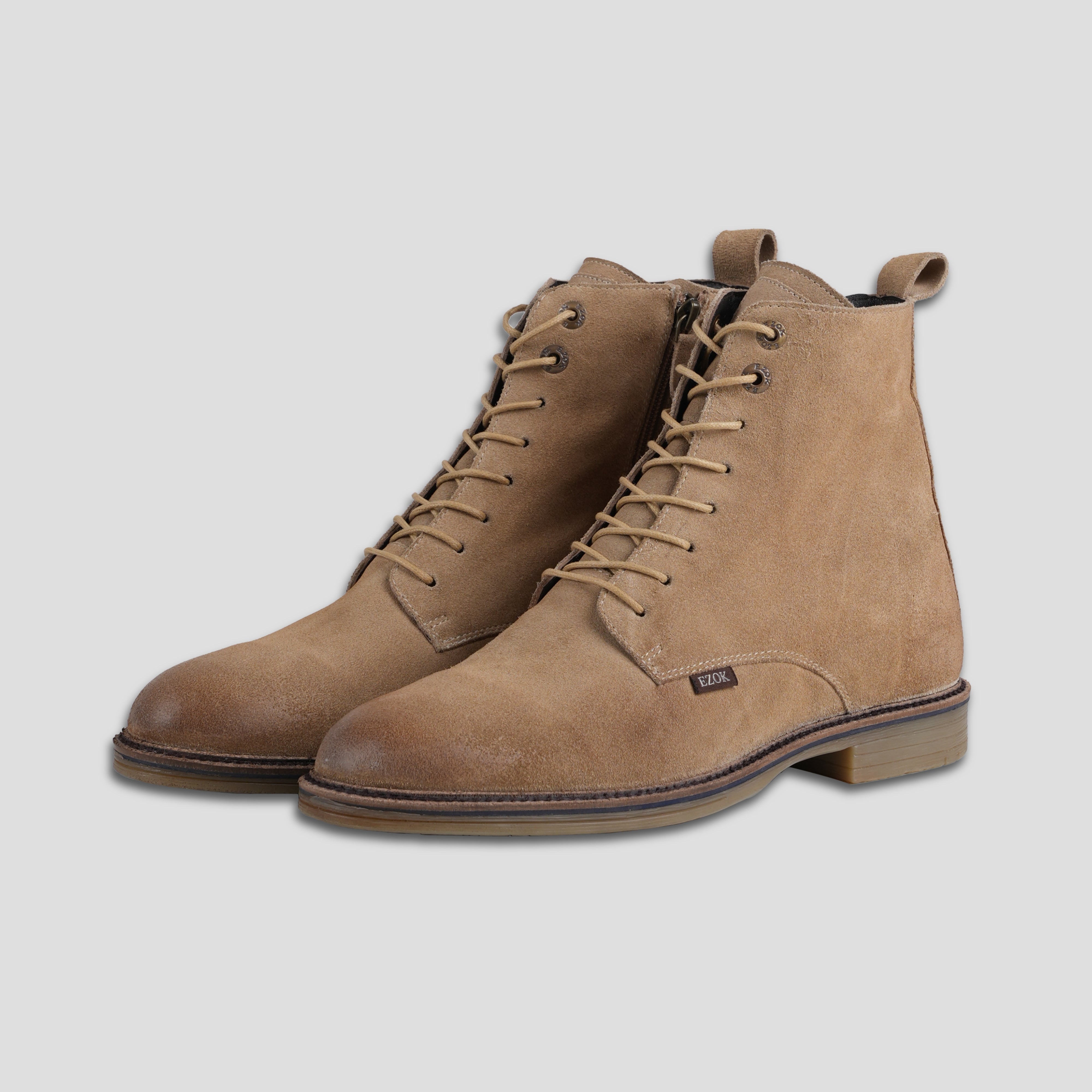 Ezok Leather Ankle Lace Up and Side Zipper Boots For Men