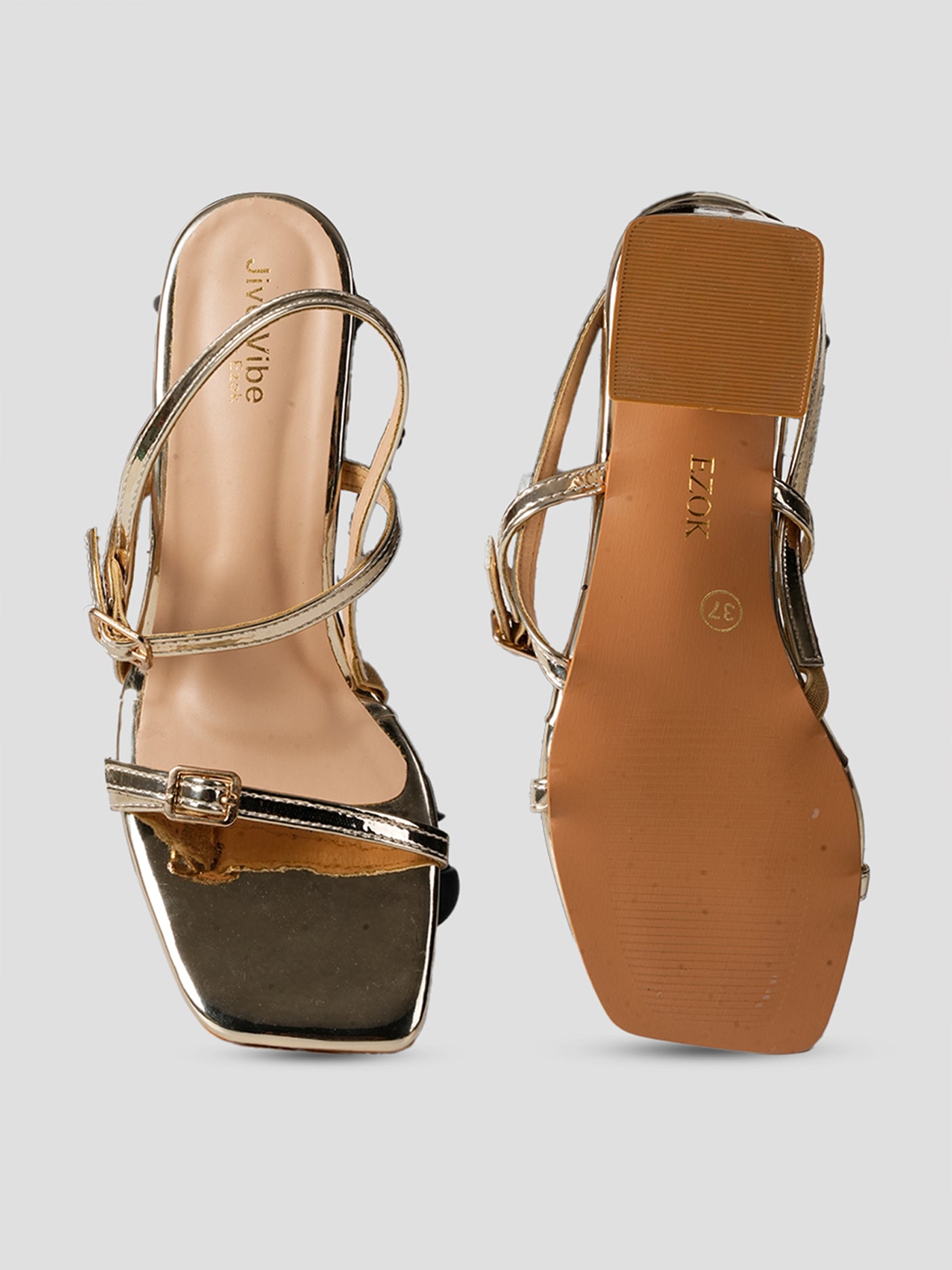JiveVibe By Ezok Women's Block Heel Strappy Golden Sandal.