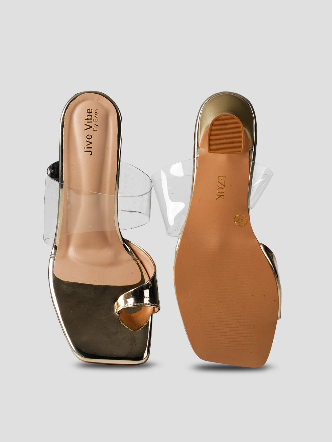 JiveVibe By Ezok Women's Block Heel Mule Golden Sandal.
