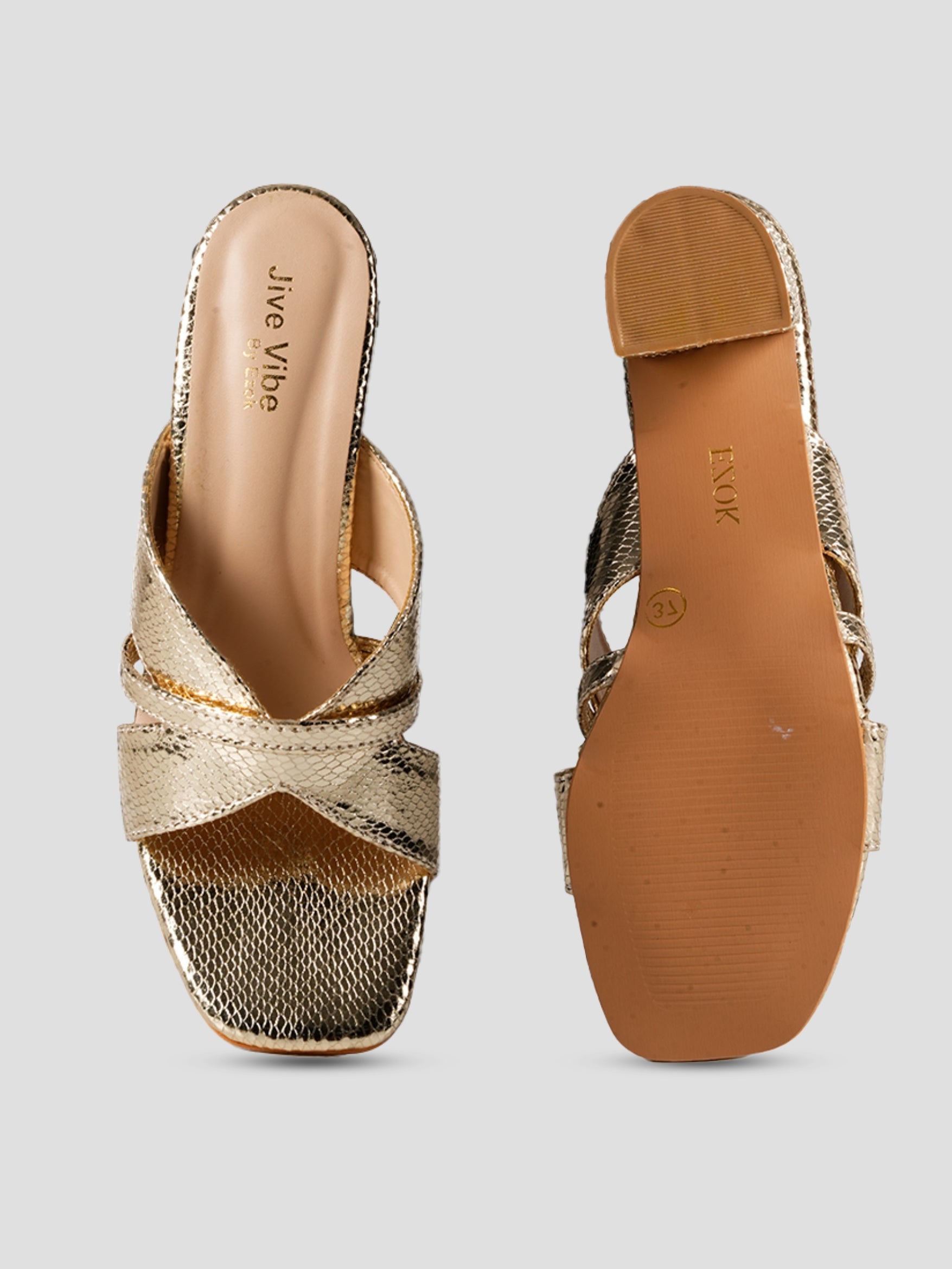 JiveVibe By Ezok Women's Block Heel Mule Golden Sandal
