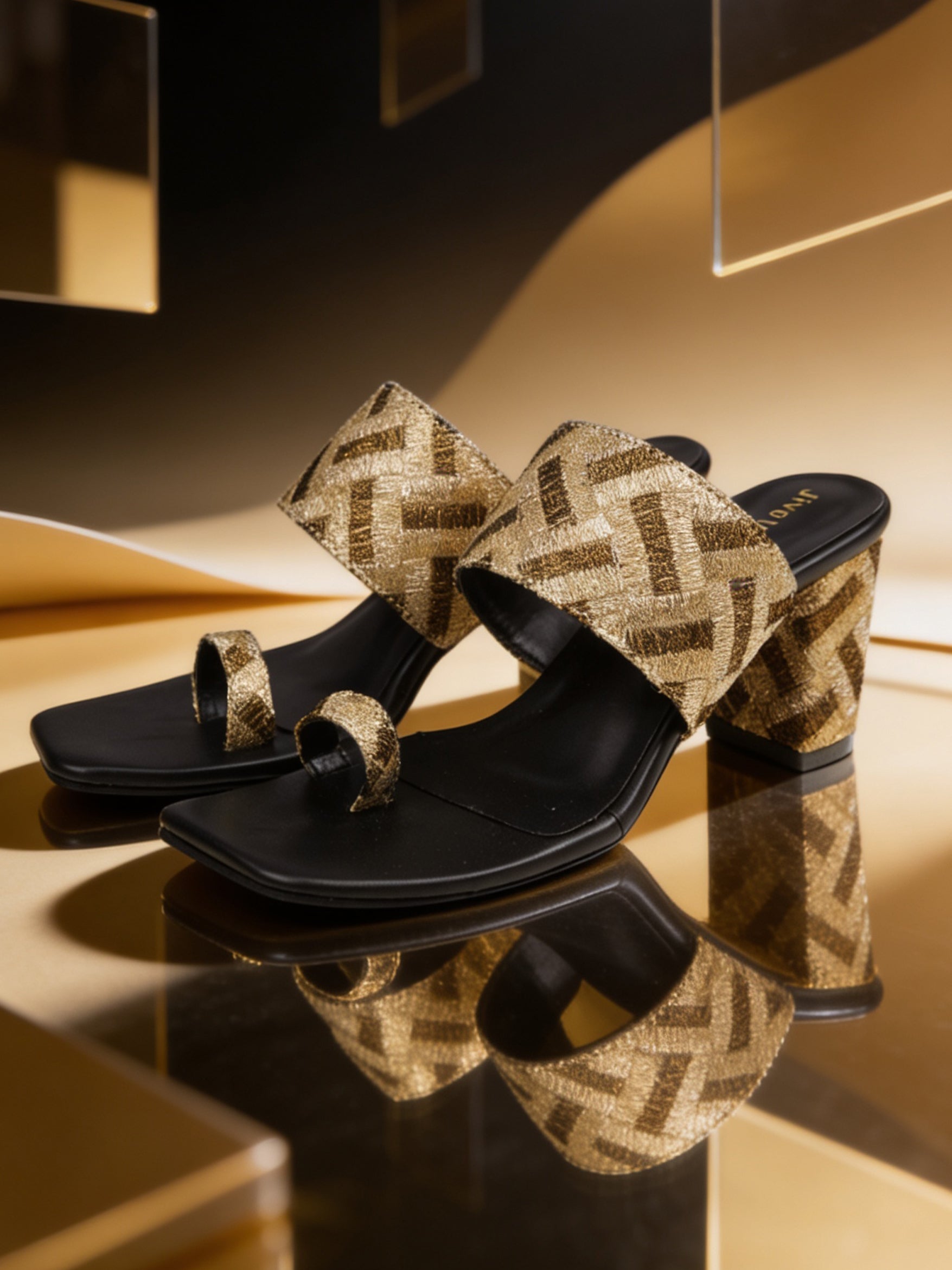 Jive Vibe By Ezok Black and Gold Embroidery Fabric Sandals