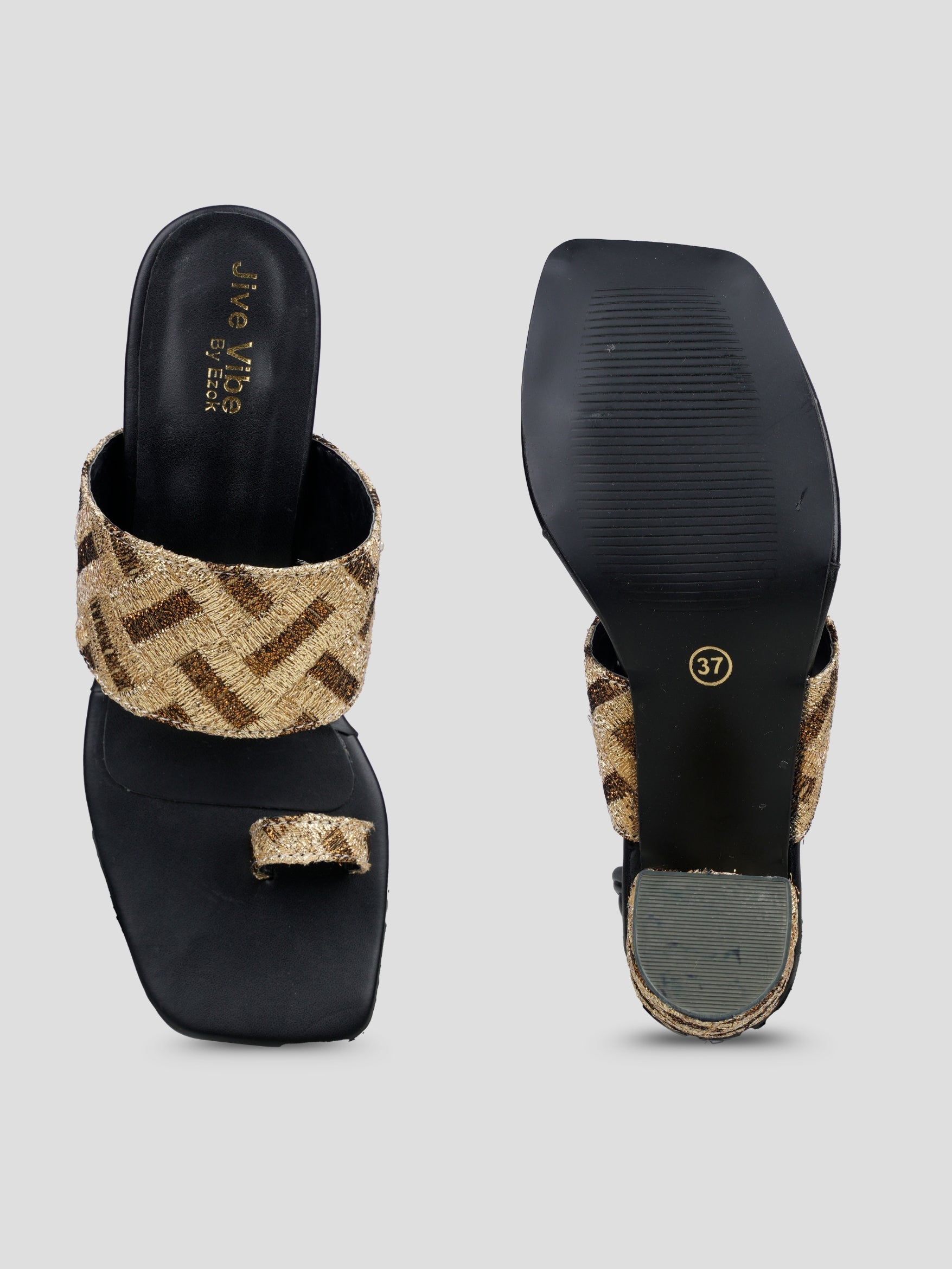 Jive Vibe By Ezok Black and Gold Embroidery Fabric Sandals