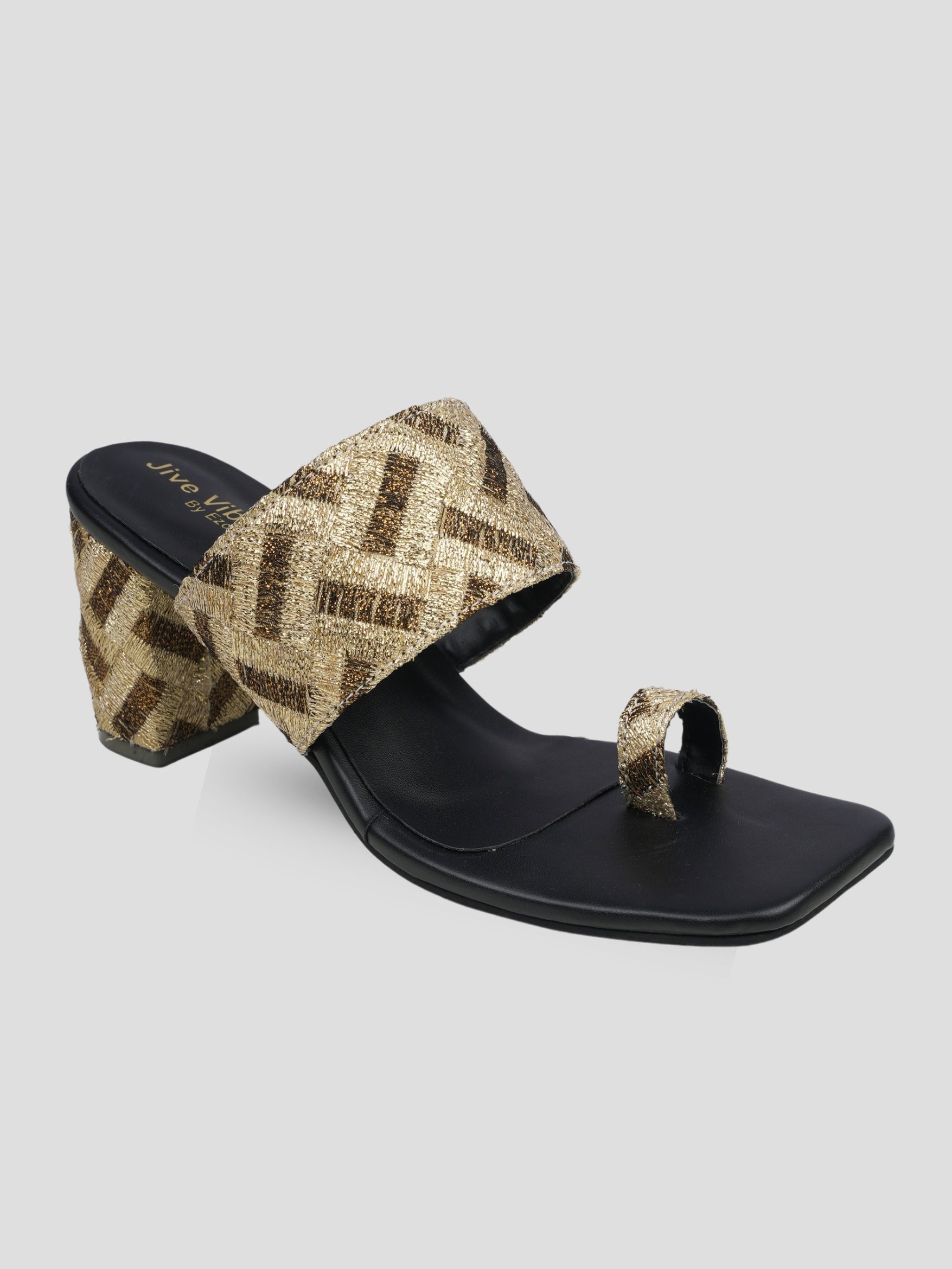 Jive Vibe By Ezok Black and Gold Embroidery Fabric Sandals