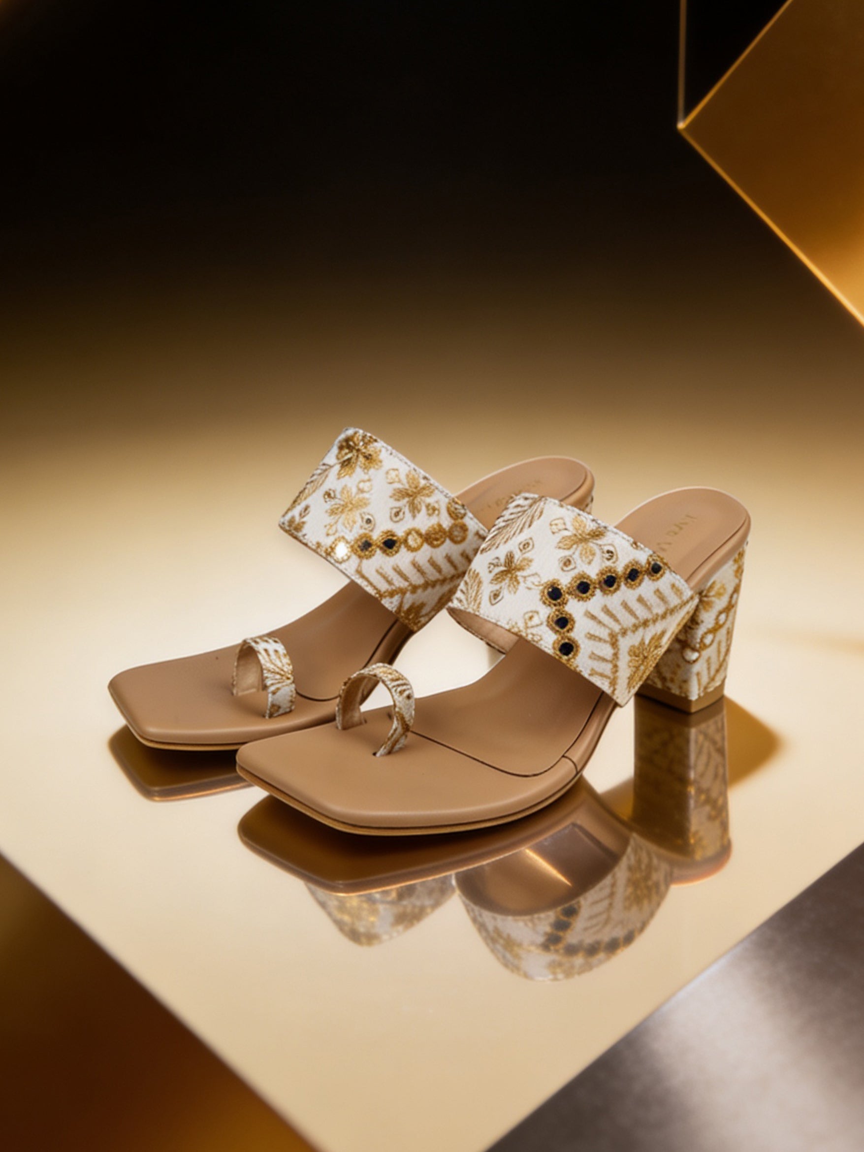 Jive Vibe By Ezok Tan and Gold Embroidery Fabric Sandals