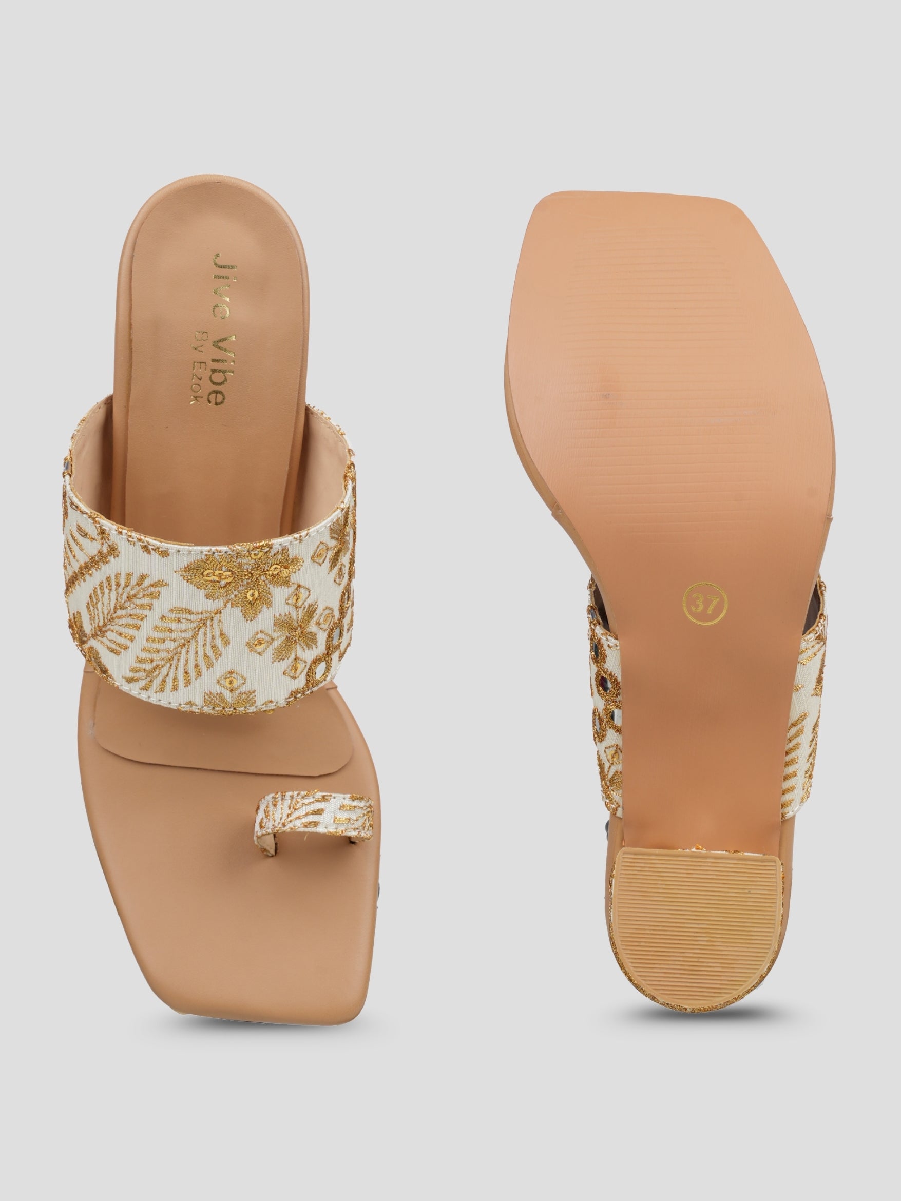Jive Vibe By Ezok Tan and Gold Embroidery Fabric Sandals
