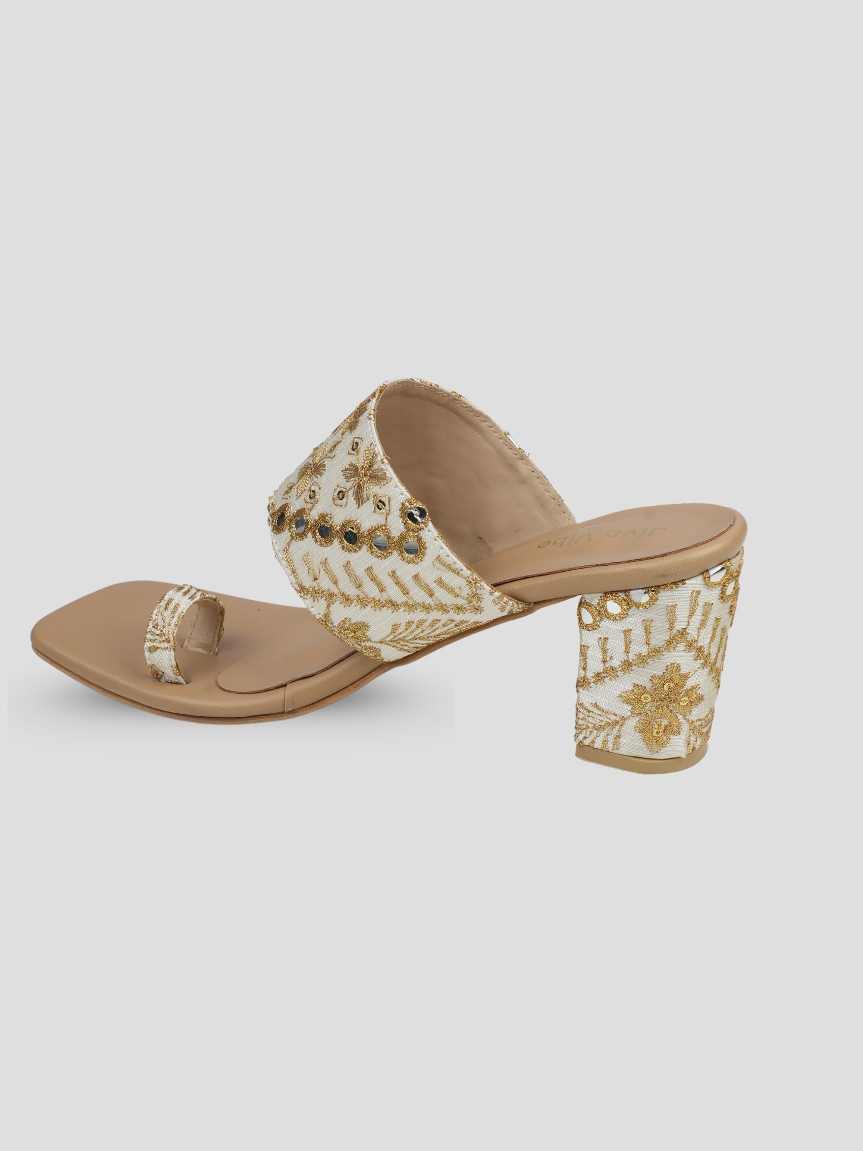 Jive Vibe By Ezok Tan and Gold Embroidery Fabric Sandals