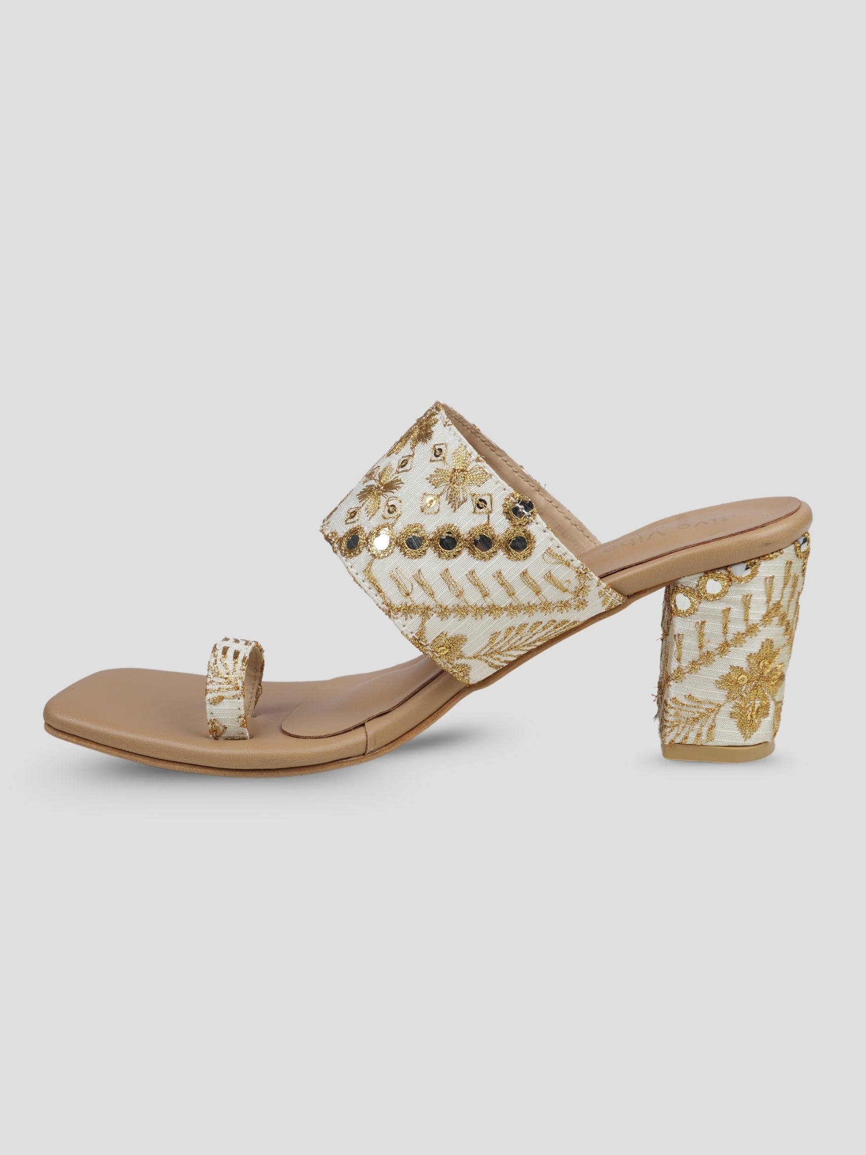 Jive Vibe By Ezok Tan and Gold Embroidery Fabric Sandals