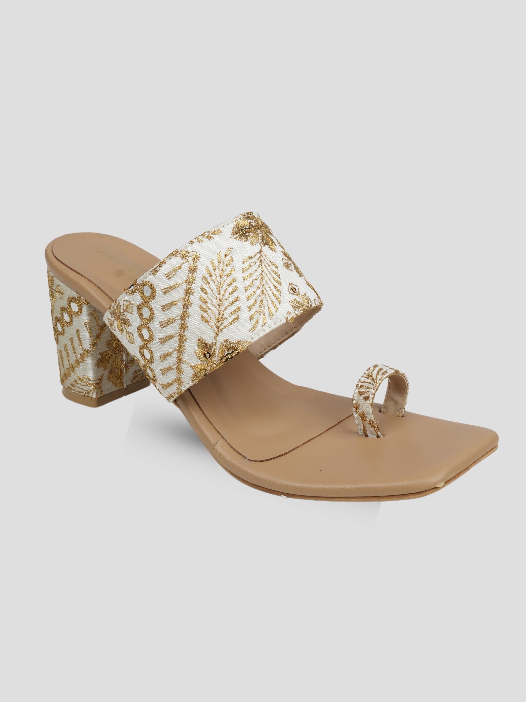 Jive Vibe By Ezok Tan and Gold Embroidery Fabric Sandals