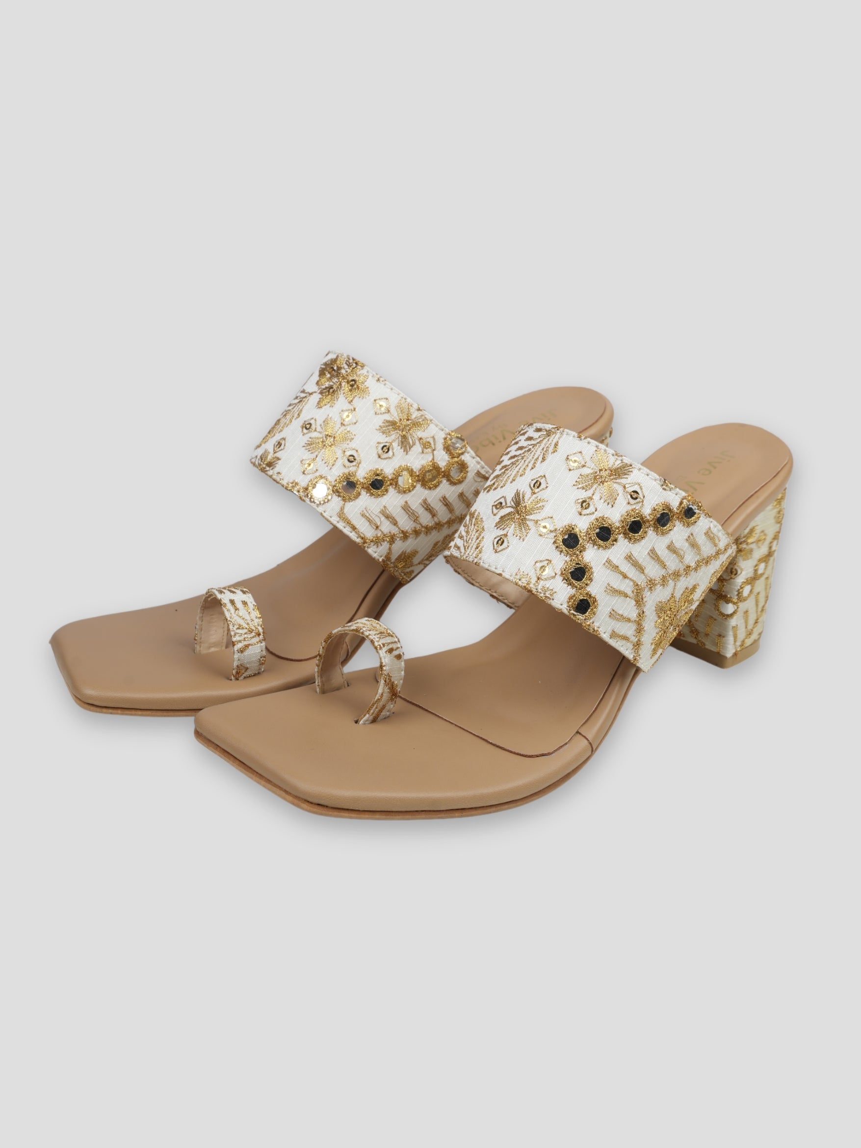 Jive Vibe By Ezok Tan and Gold Embroidery Fabric Sandals