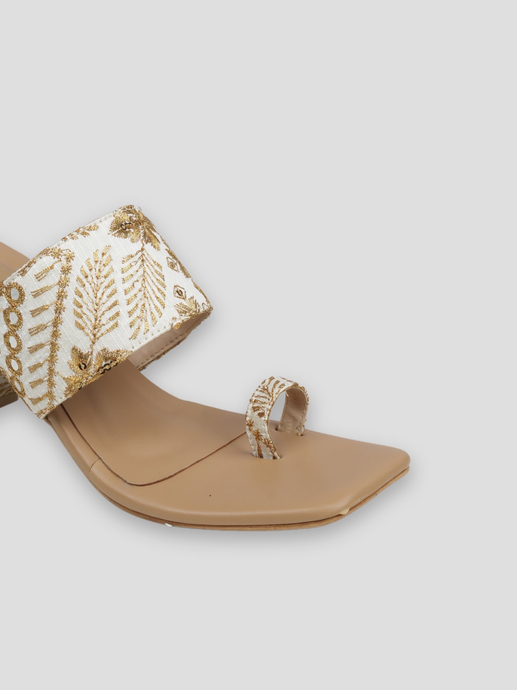 Jive Vibe By Ezok Tan and Gold Embroidery Fabric Sandals