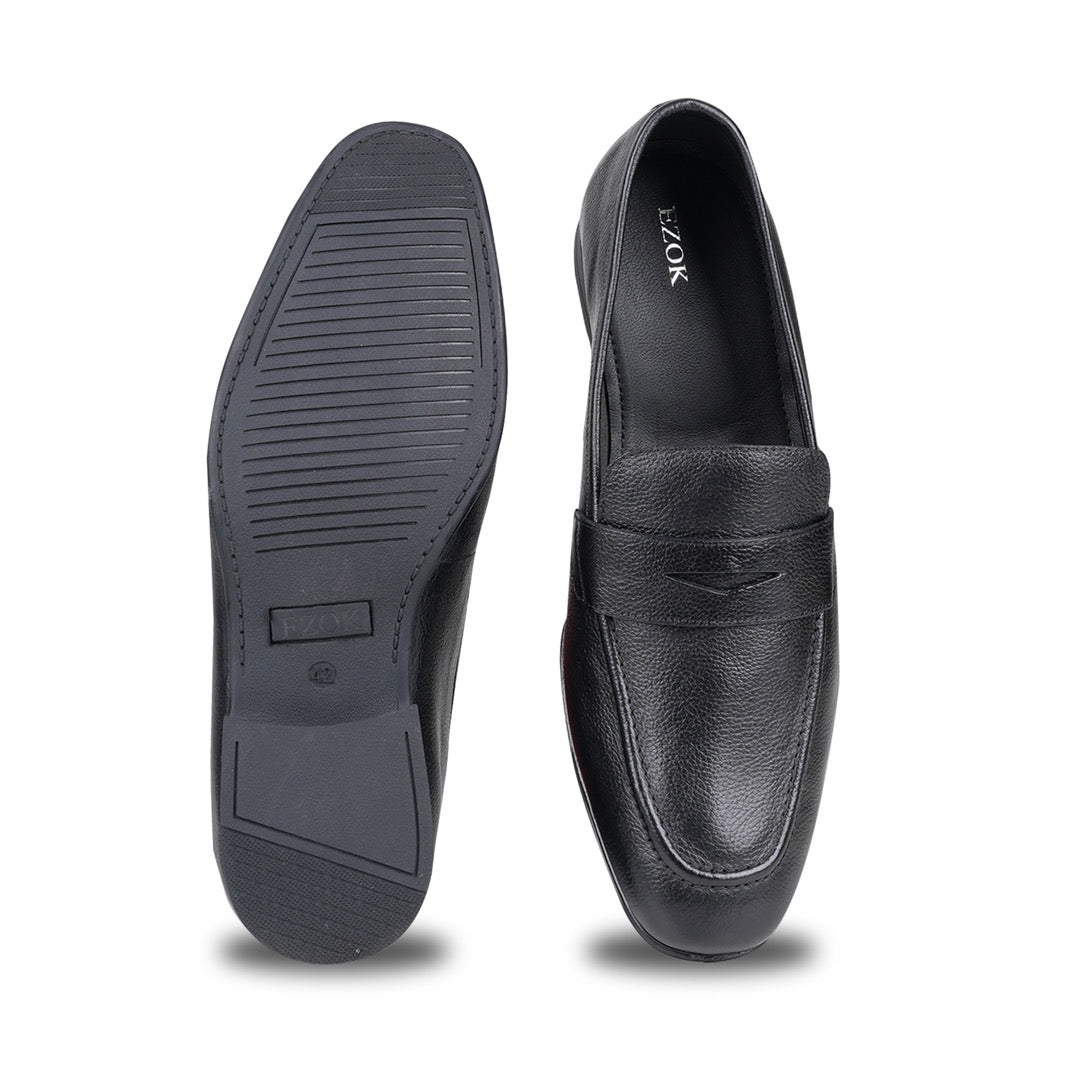 Ezok Men Leather Black Slip-On Casual Shoes