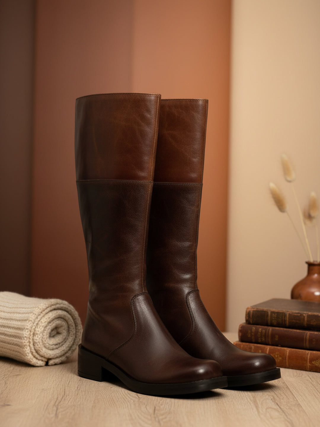 EZOK Women Brown Leather Long Boots
