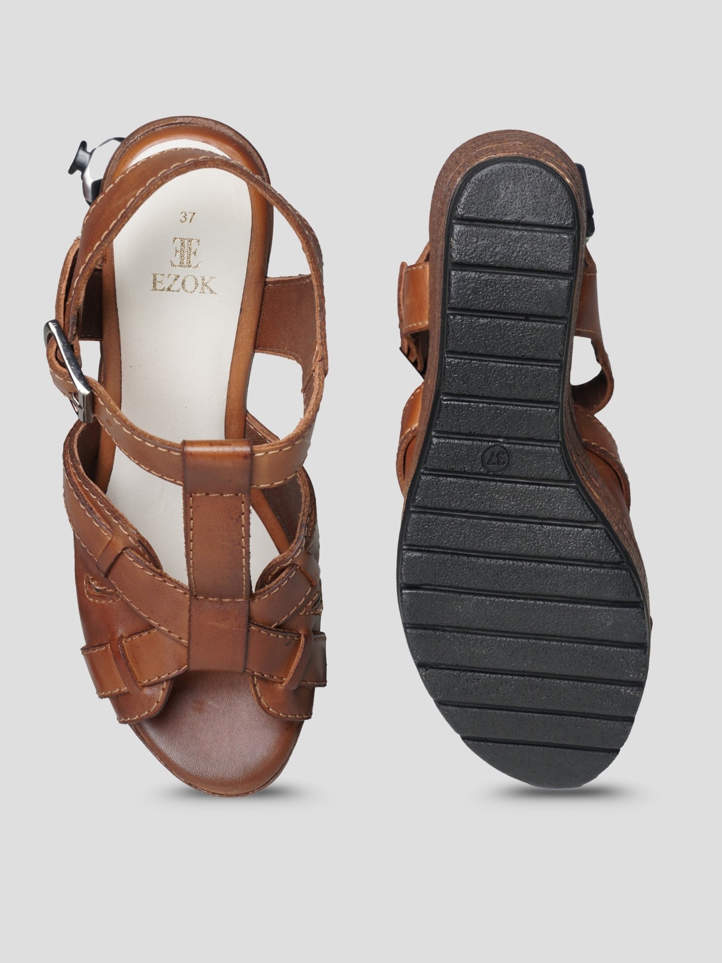 Ezok Women Dark-Tan Leather Wedge Heel Sandal