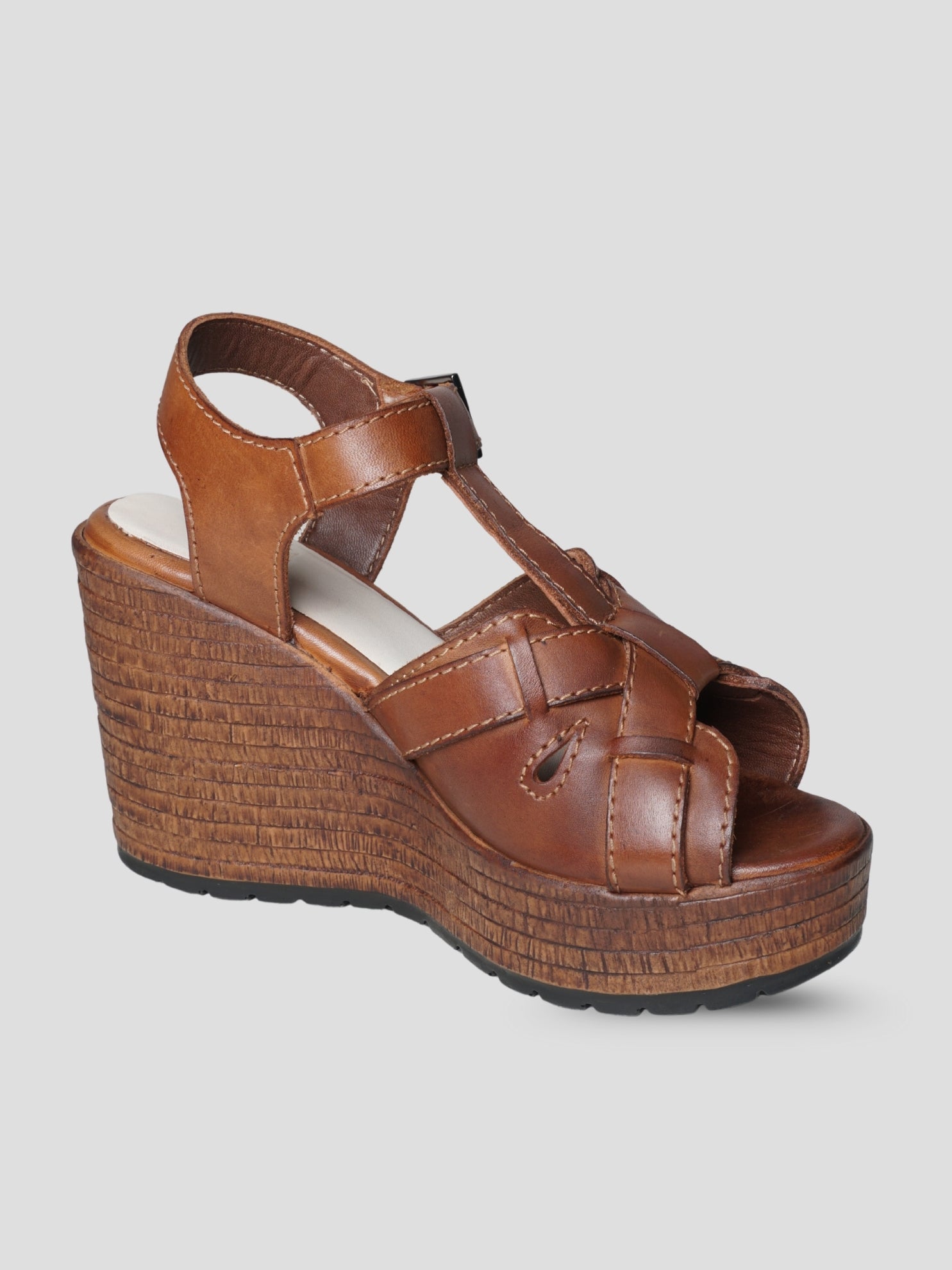 Ezok Women Dark-Tan Leather Wedge Heel Sandal