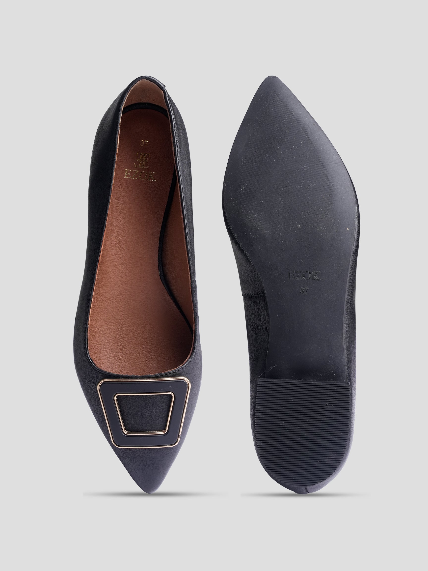 Ezok Women Black Leather Ballerina Flats