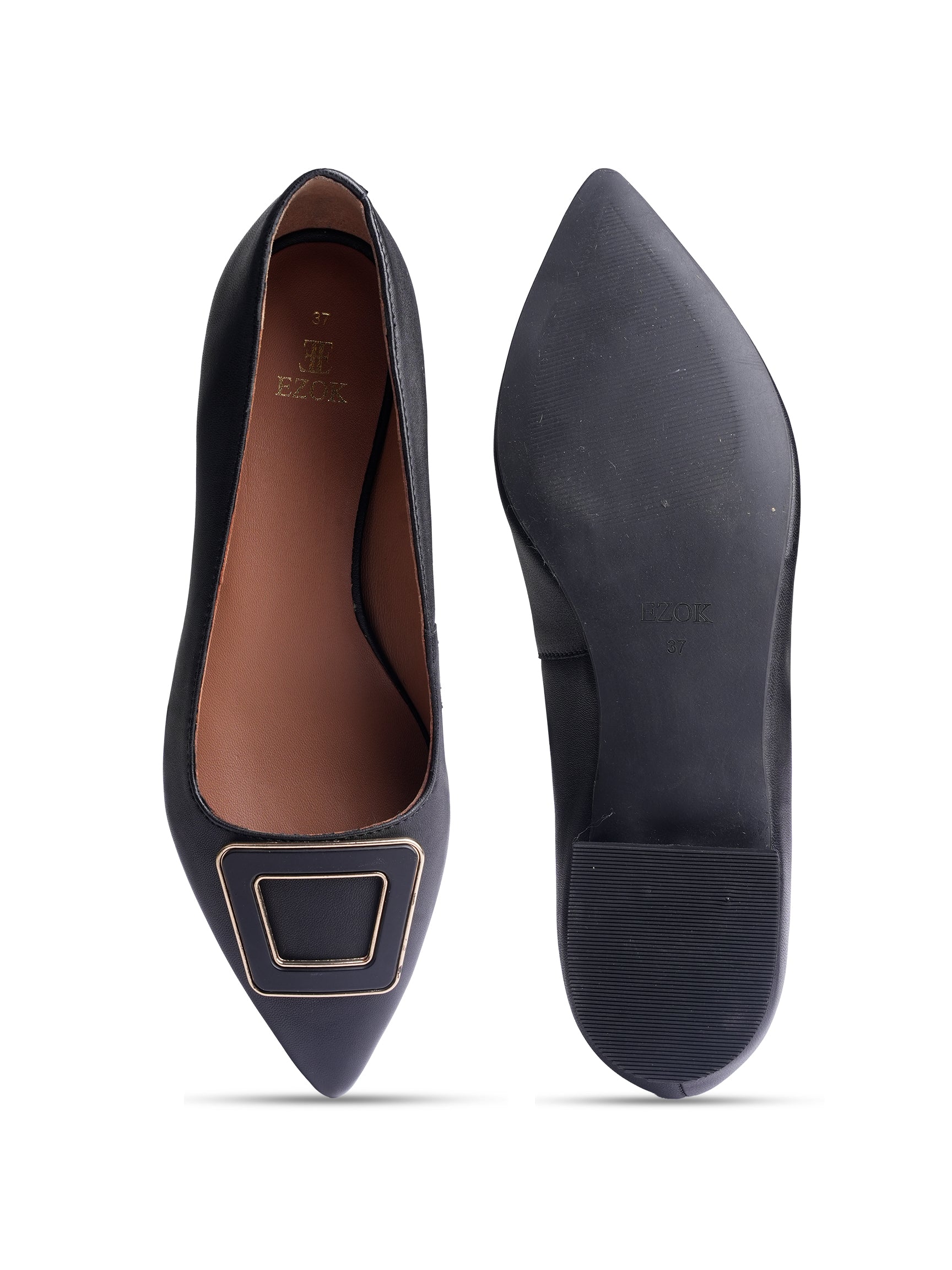 Ezok Women Black Leather Ballerina Flats