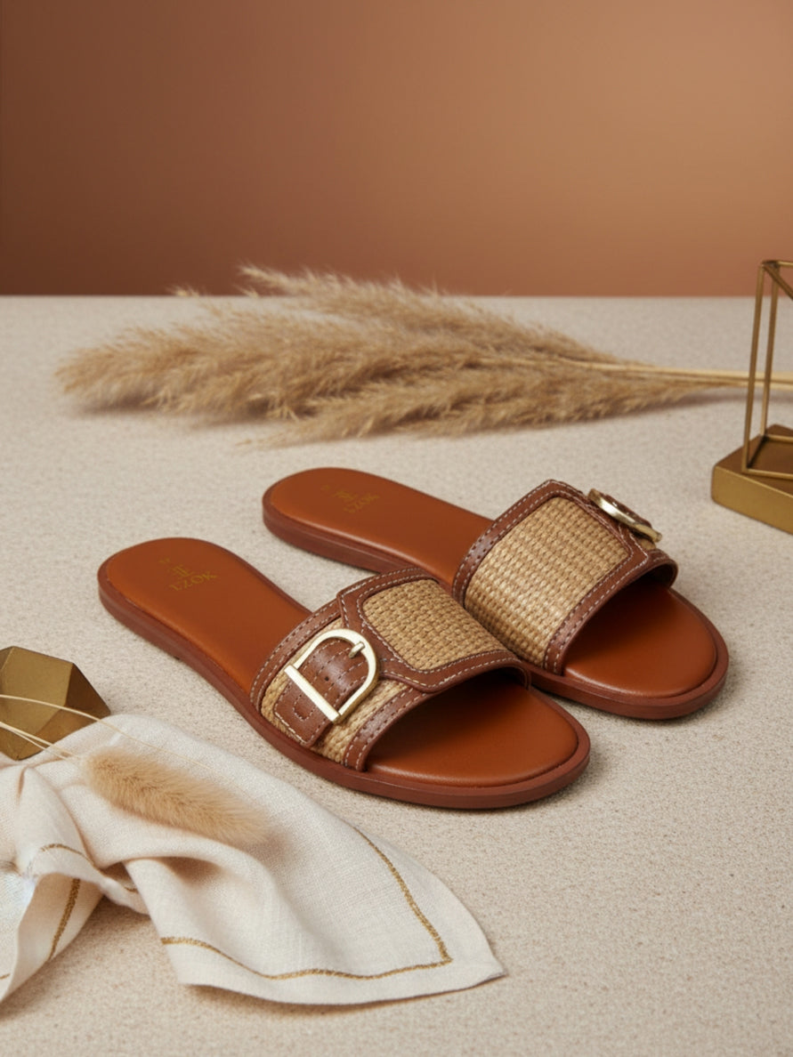 Ezok Tan Leather and Raffia Slip On With Buckle Sandals