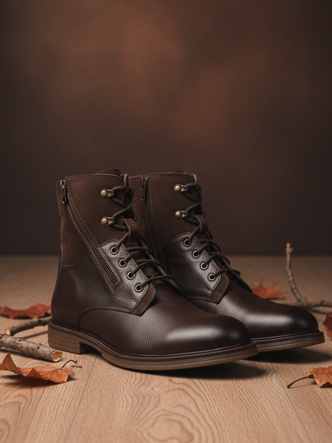 Ezok Men Leather Lace-Up With Zipper Boots