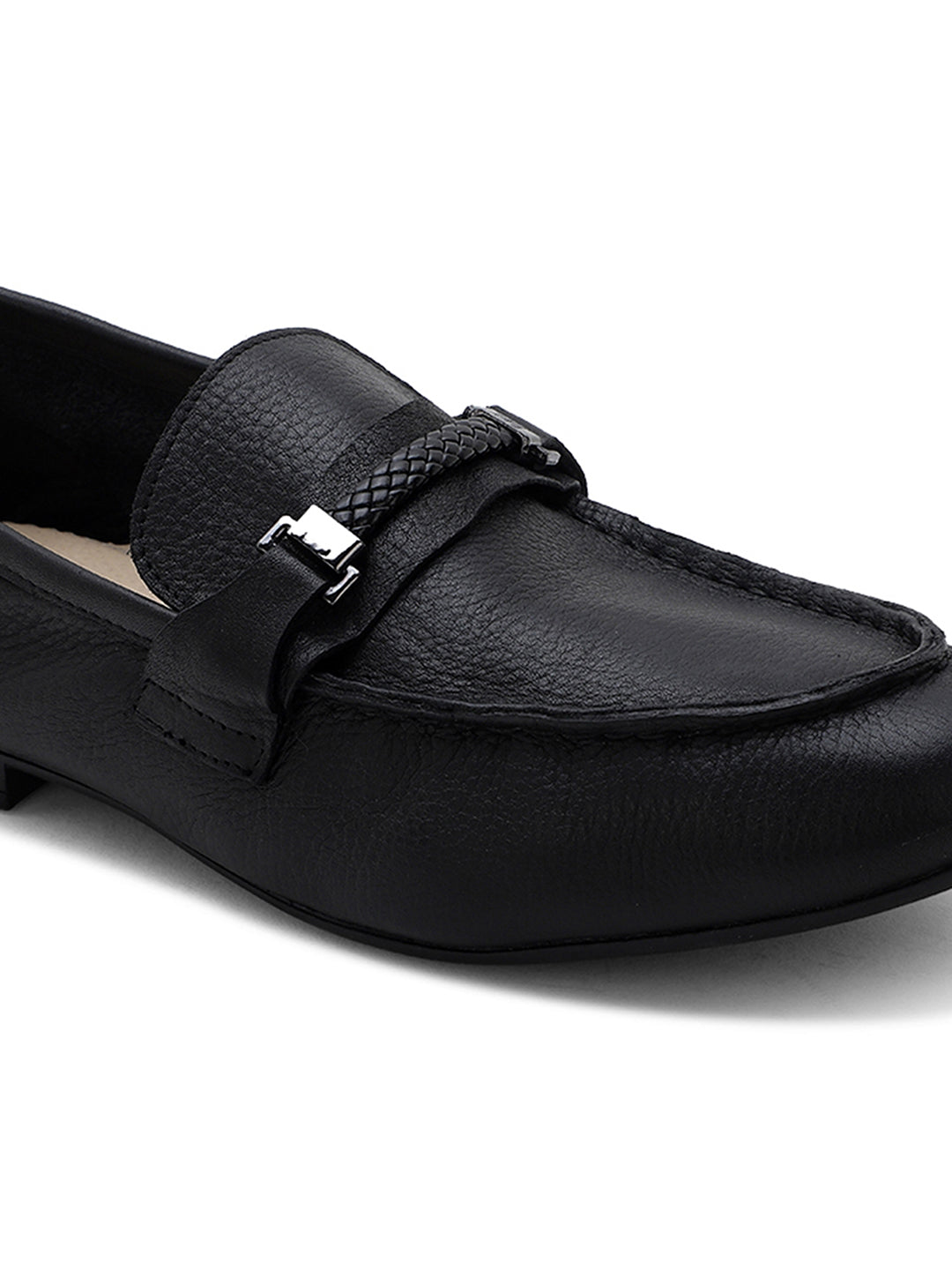 Ezok Men Black Leather Semi Formal Shoes