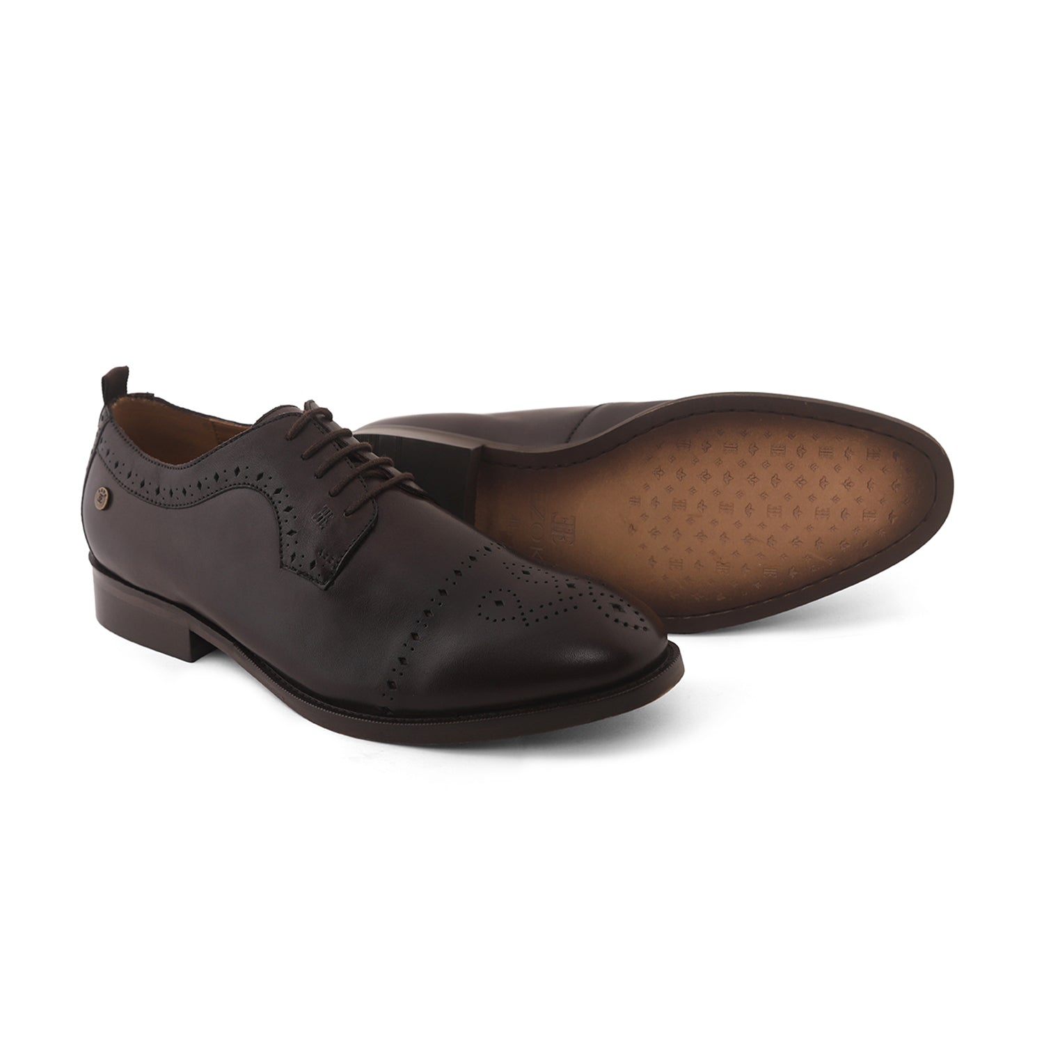 Ezok Men Brown Burnish Finish Perforated Leather Derby Shoes