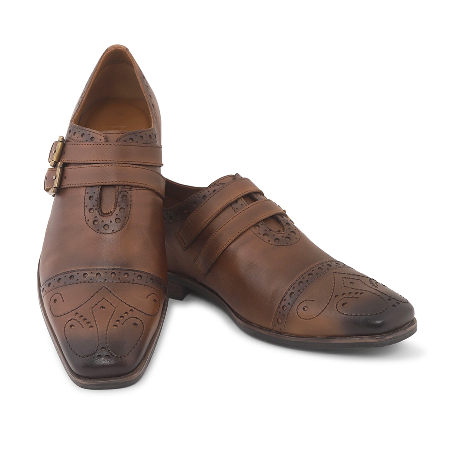 Ezok Men Brown Double Monk Strap Shoes