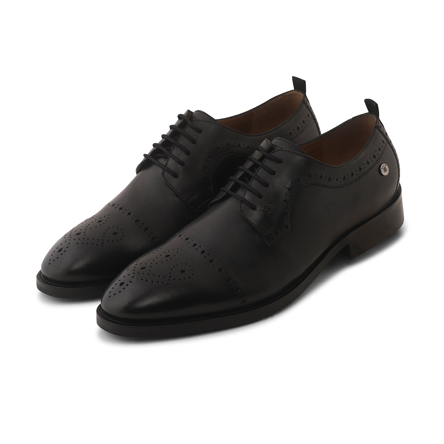 Ezok Men Black Burnish Finish Perforated Leather Derby Shoes