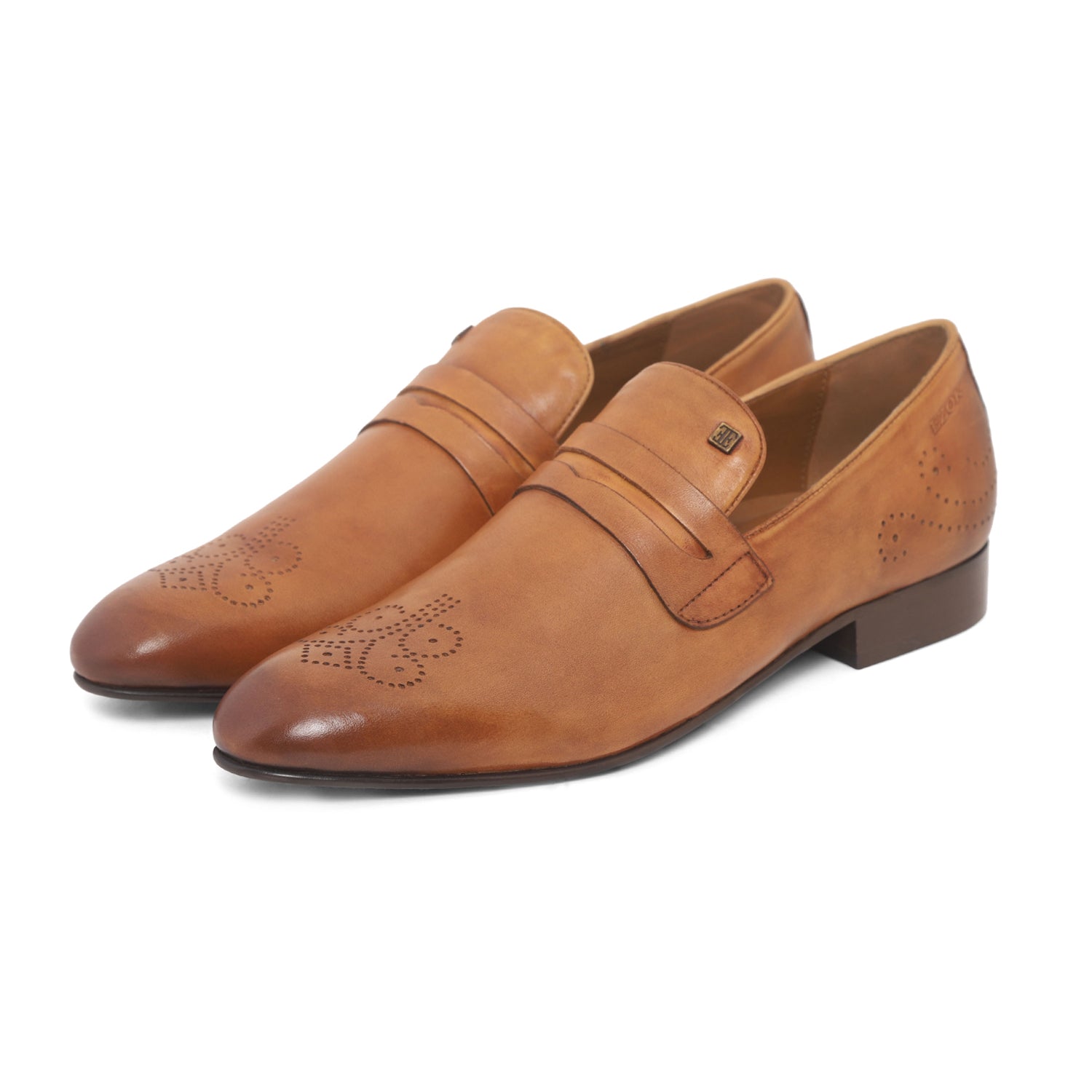Ezok Men Tan Slip-On Formal Penny Loafers With Perforated Toe Shoes