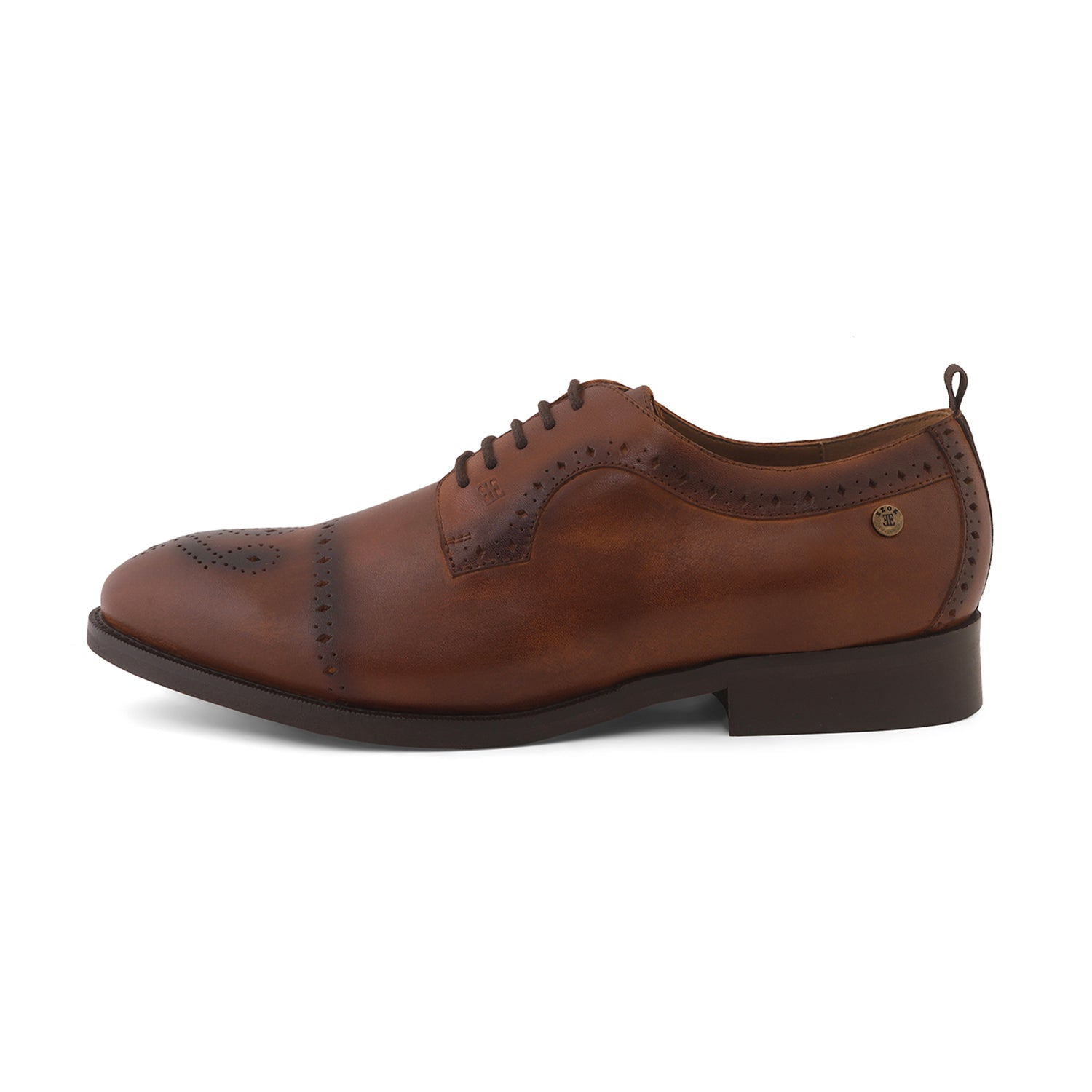 Ezok Men Tan Burnish Finish Perforated Leather Derby Shoes