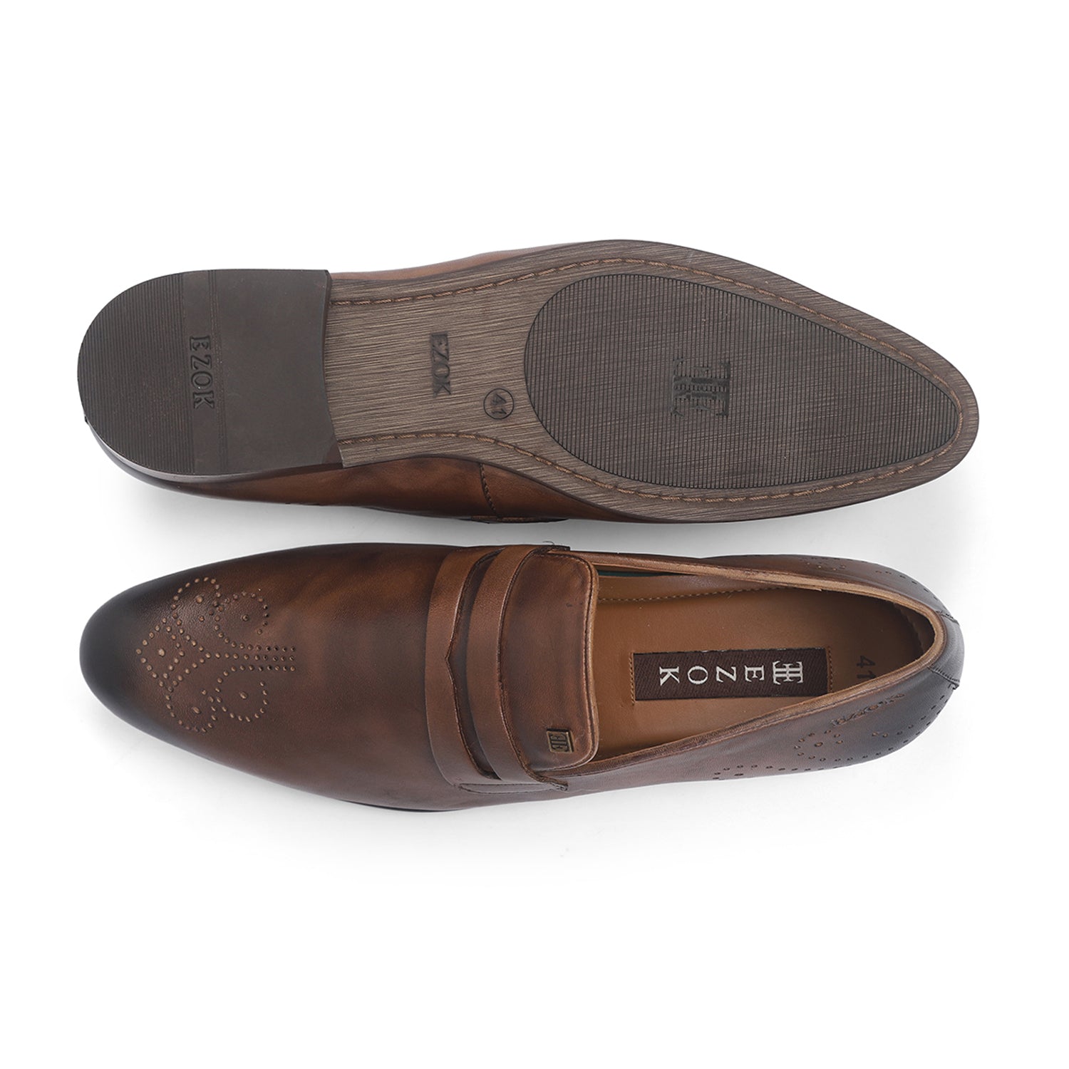 Ezok Men Brown Slip-On Formal Penny Loafers With Perforated Toe Shoes