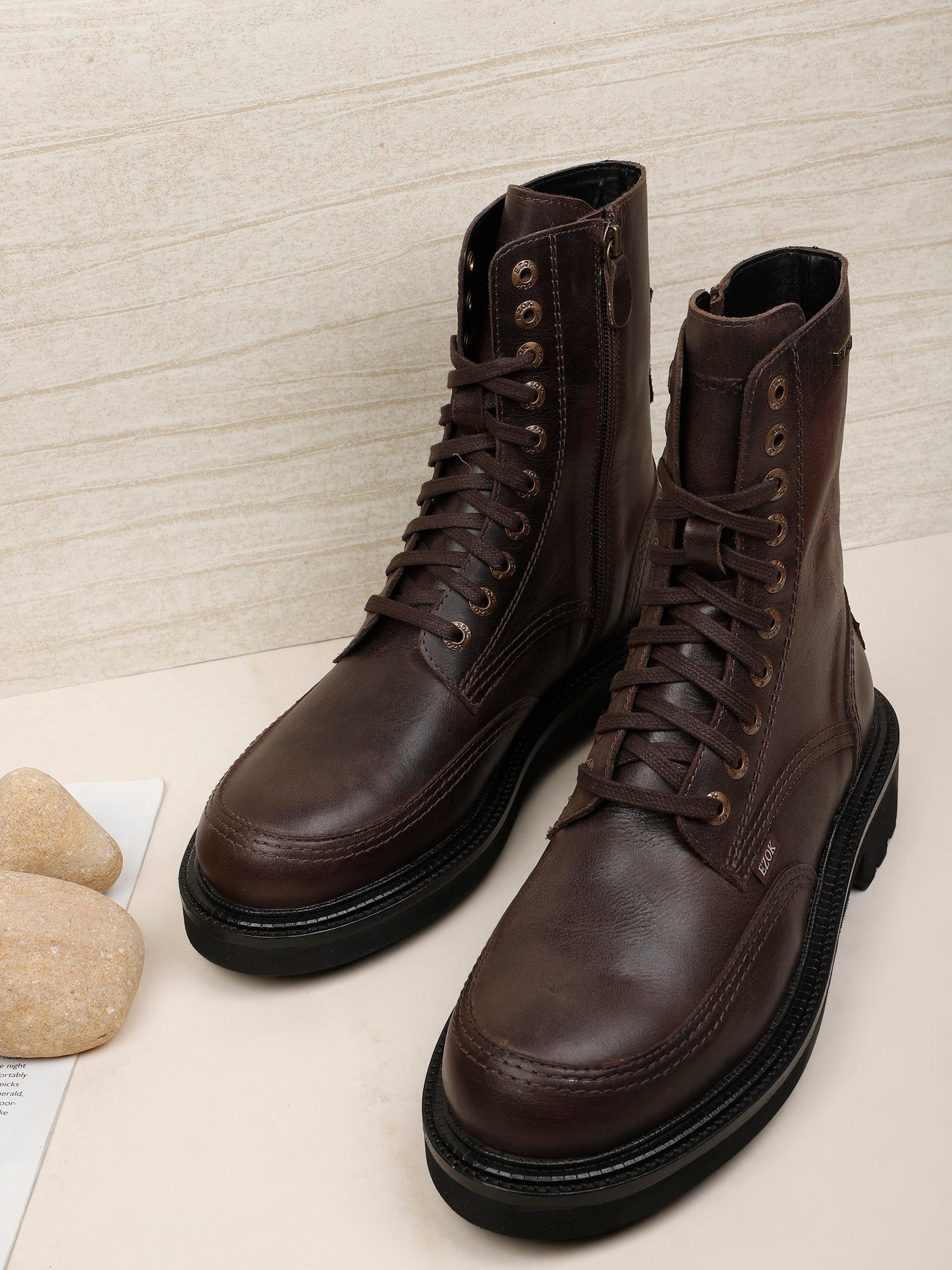 Ezok Brown Lace-ups Leather Boot For Men